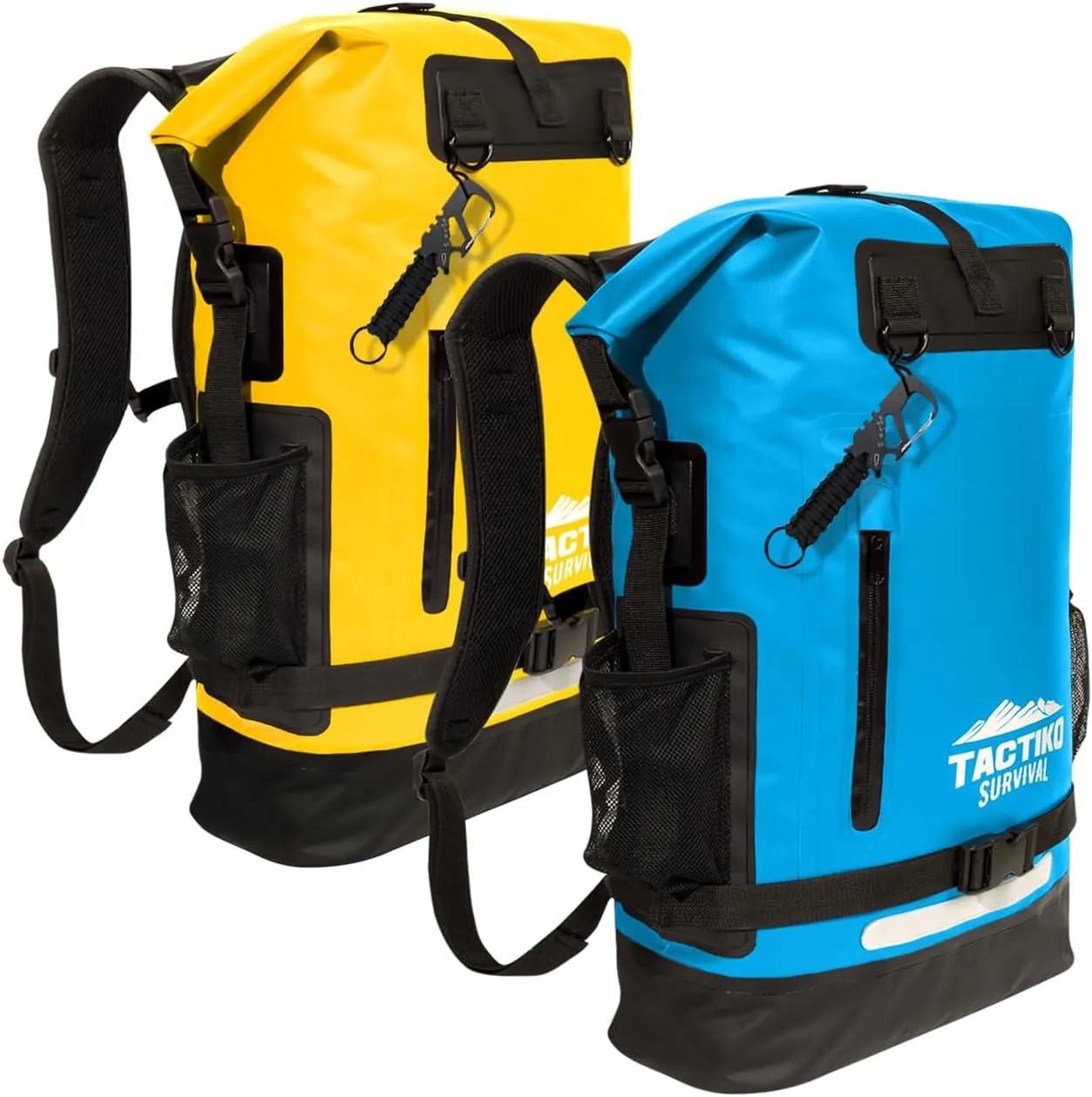 TACTIKO 35L 100% Waterproof Backpack Bundle - Plus Multitool Carabiner & Mash Bag - Marine Roll Top Floating Dry Bags for Kayaking, Watersports, Camping, Survival (Blue & Yellow)