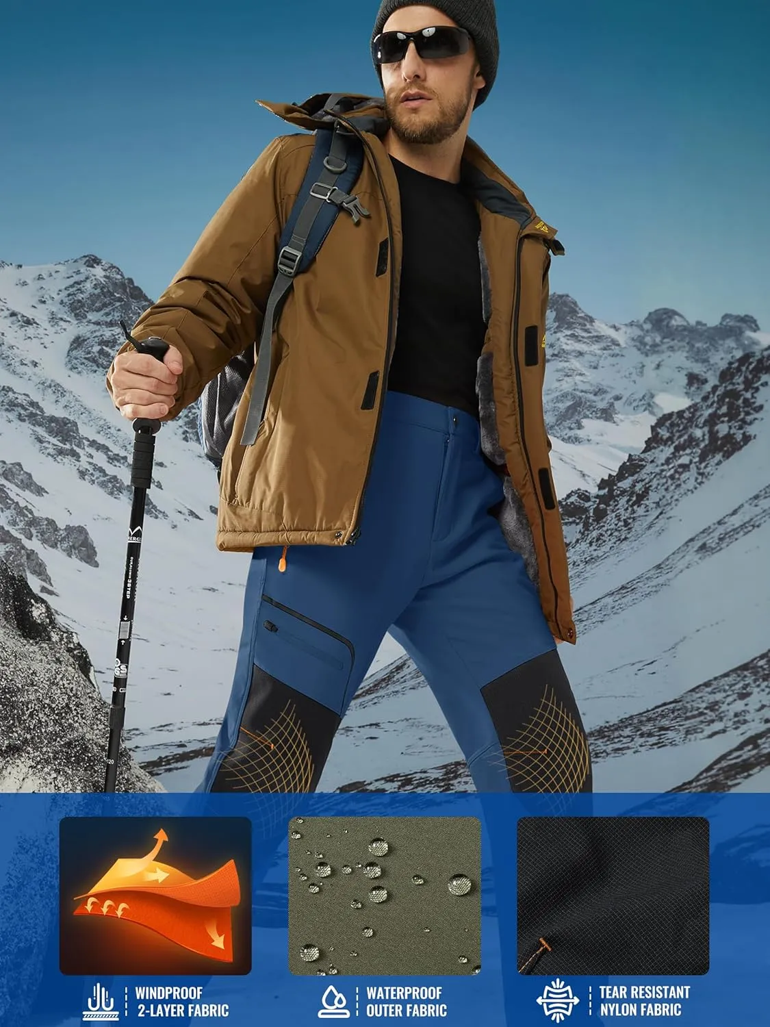 TACVASEN Men's Snow Ski Pants Fleece Lined Winter Hiking Pants Water Resistant Insulated Snowboard Work Outdoor