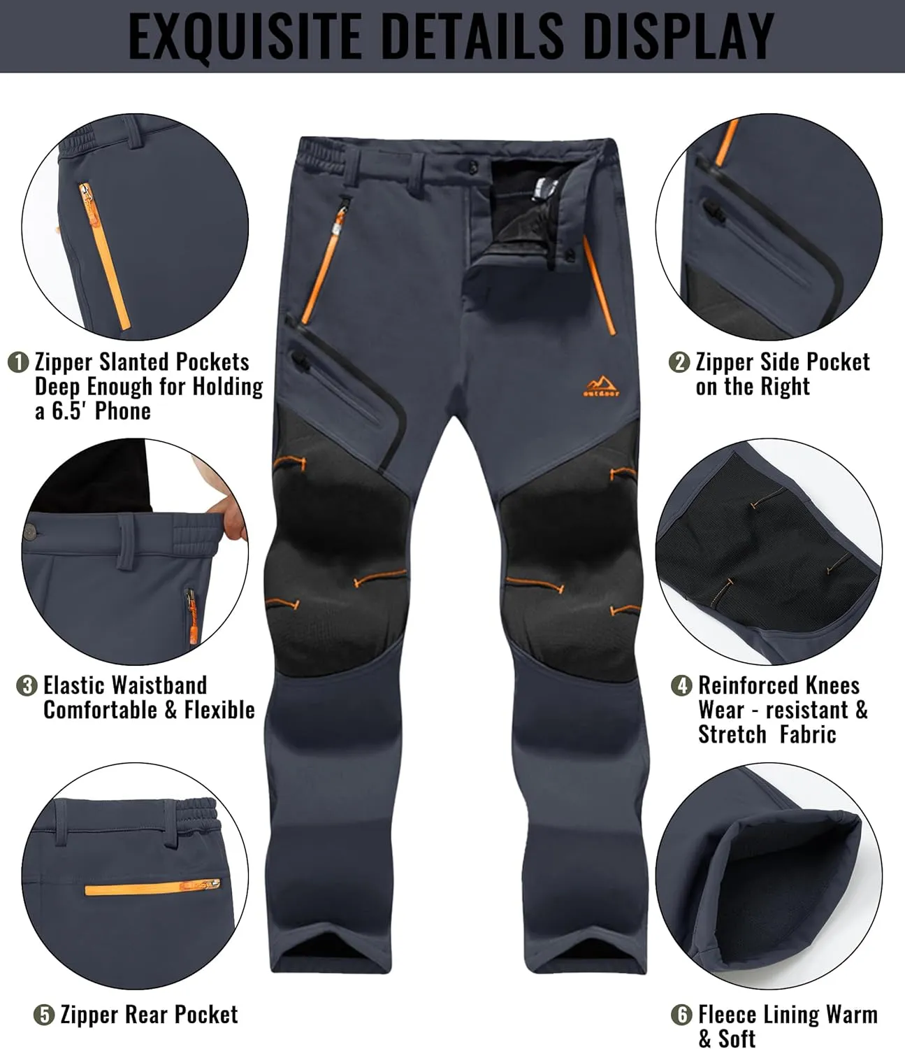 TACVASEN Men's Snow Ski Pants Fleece Lined Winter Hiking Pants Water Resistant Insulated Snowboard Work Outdoor