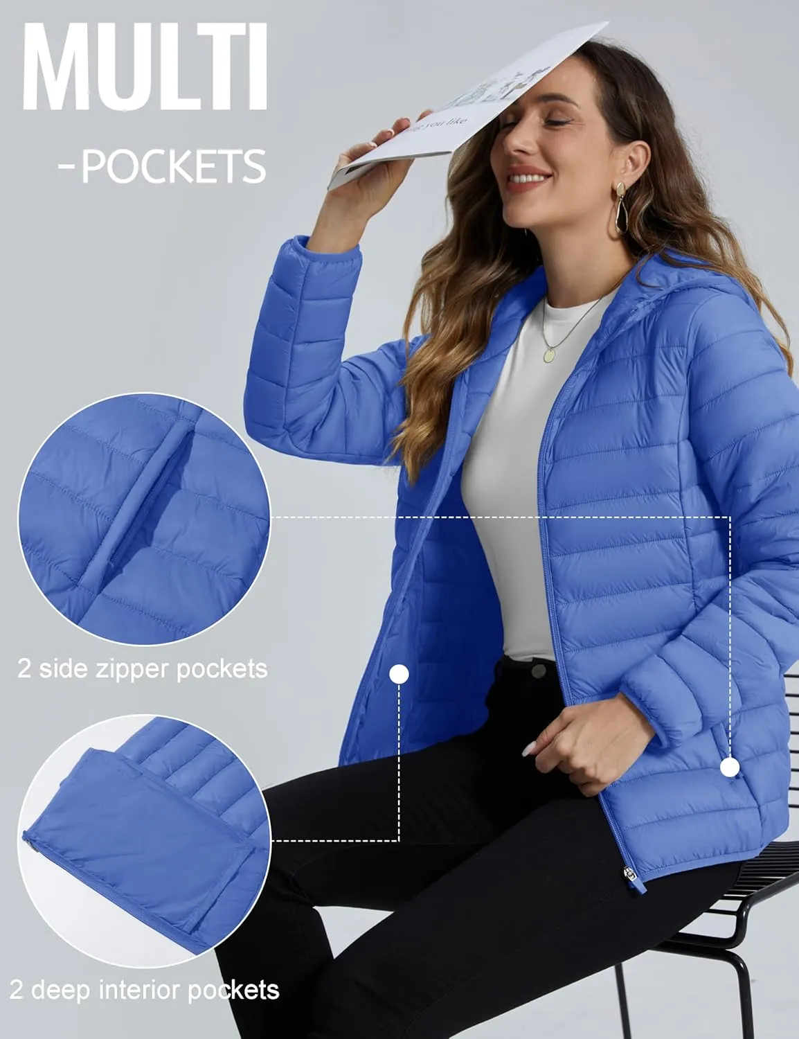 TACVASEN Women's Lightweight Puffer Jacket with Hood Pockets Quilted Padded Full-zip Winter Coat