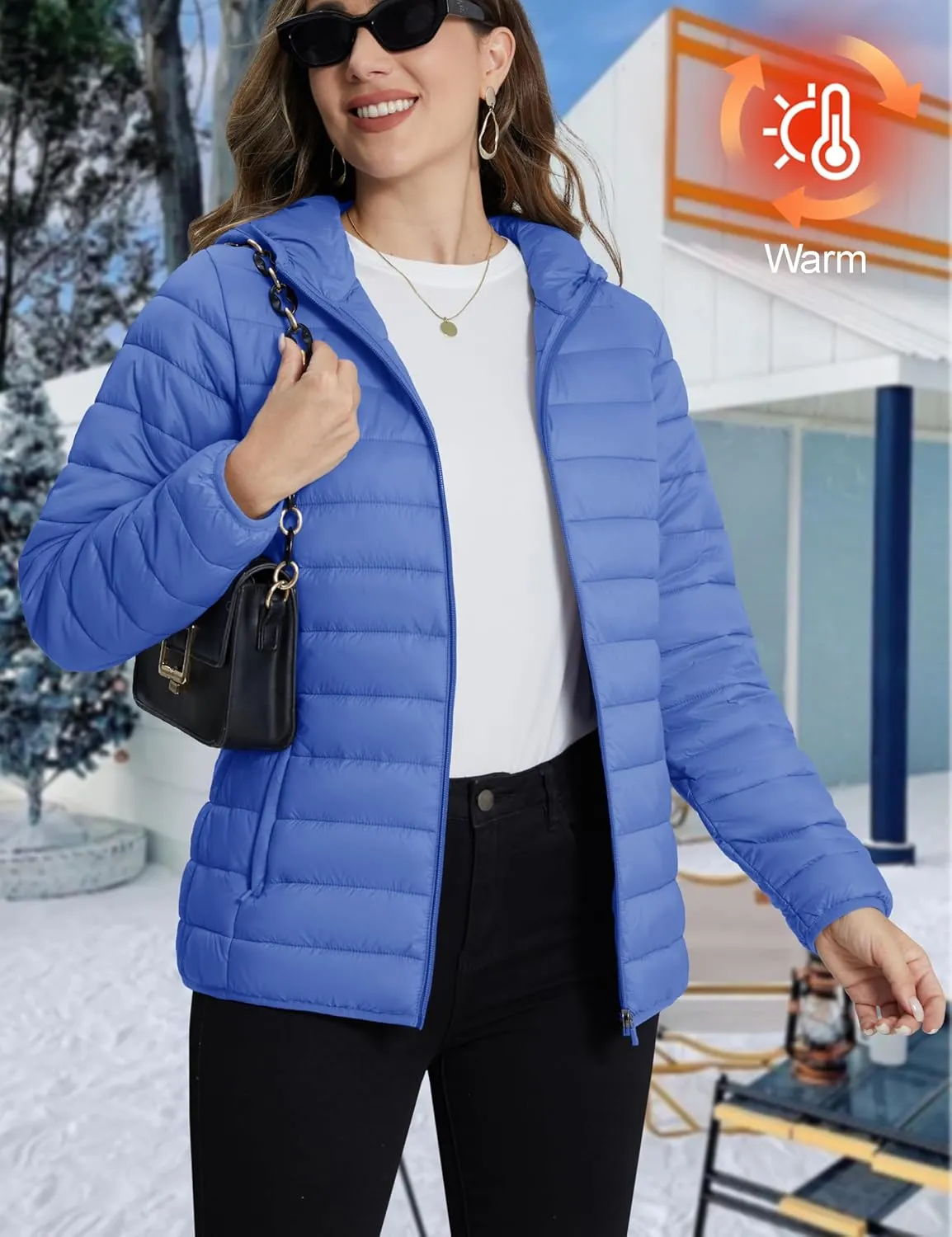 TACVASEN Women's Lightweight Puffer Jacket with Hood Pockets Quilted Padded Full-zip Winter Coat
