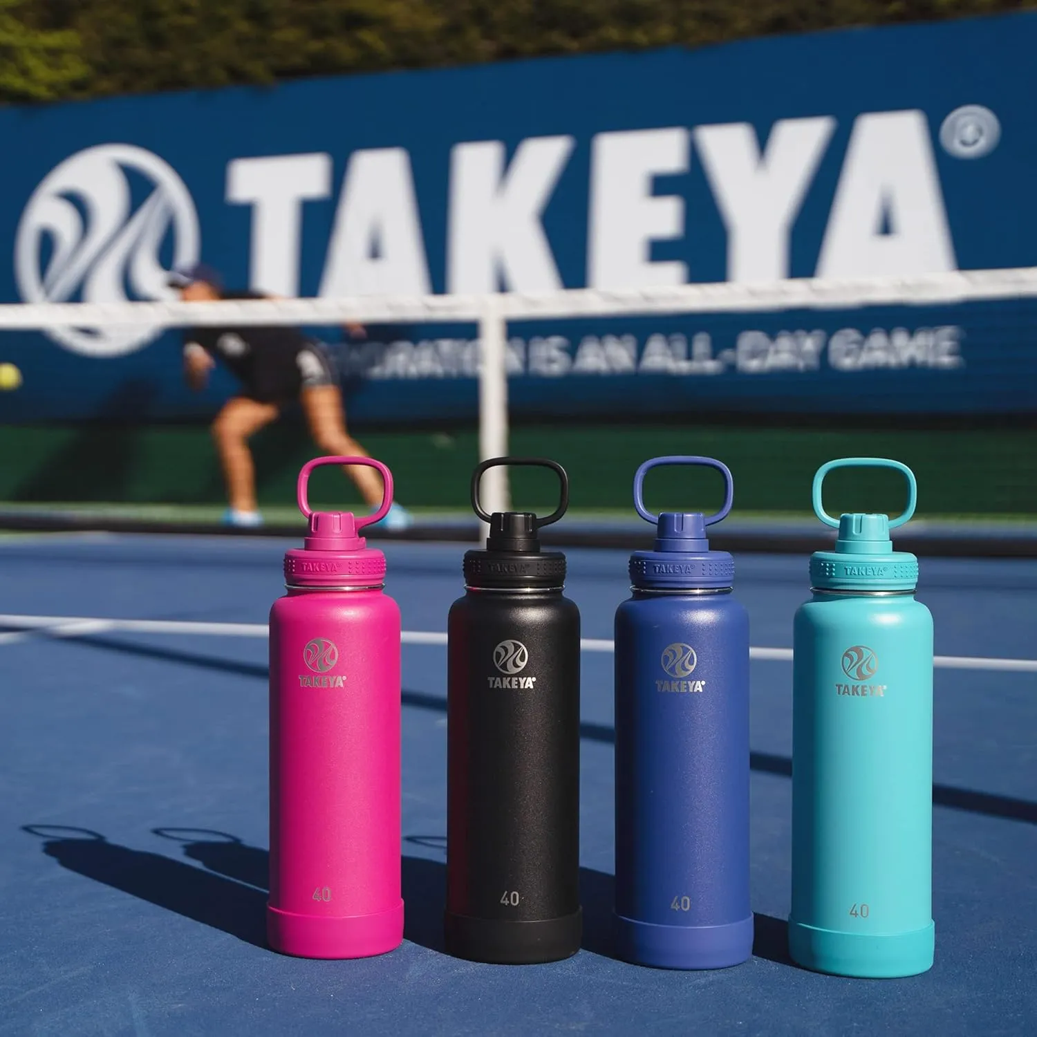 Takeya 40 oz CP Signature Pickleball Stainless Steel Insulated Water Bottle with Choice of Lid, Backspin Pink