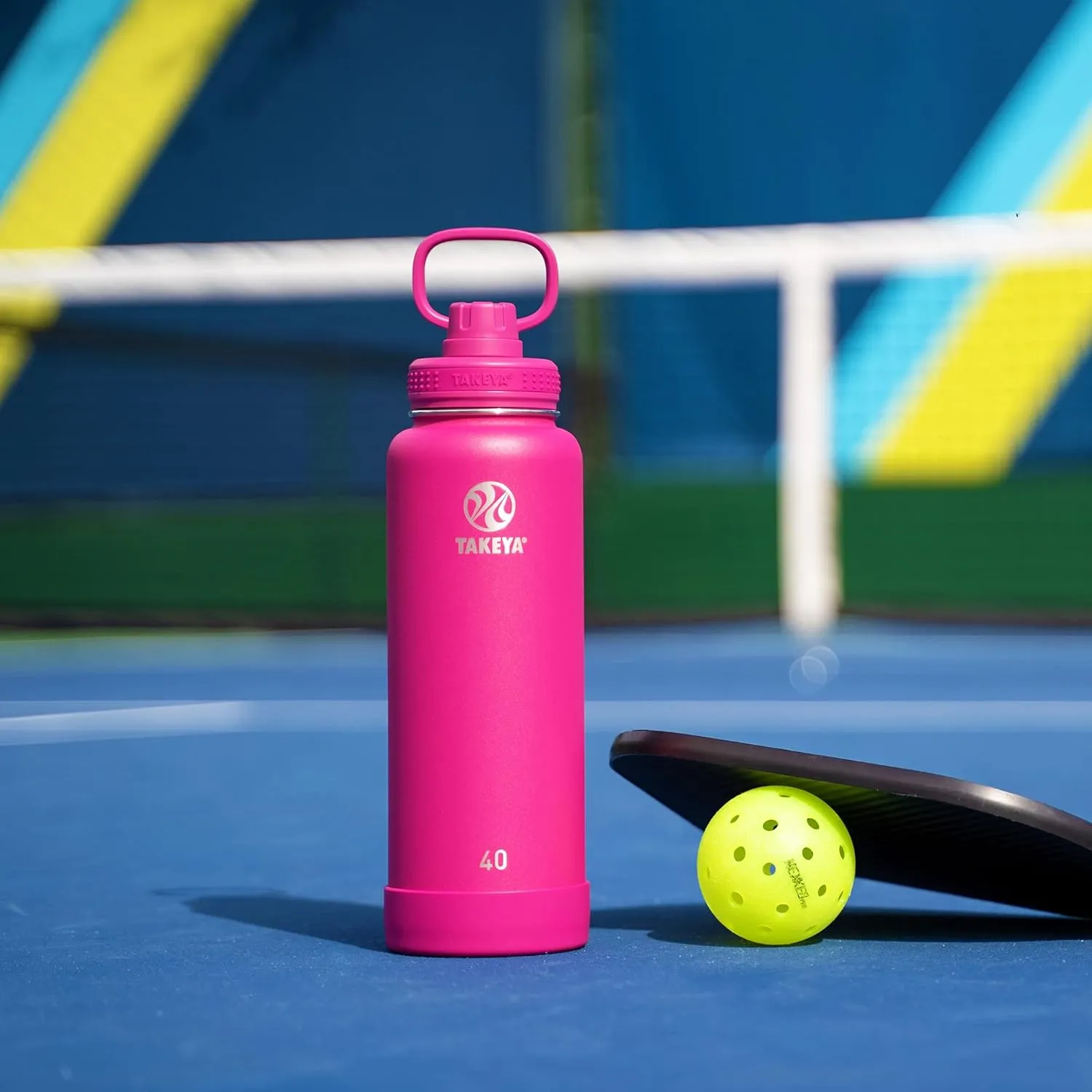 Takeya 40 oz CP Signature Pickleball Stainless Steel Insulated Water Bottle with Choice of Lid, Backspin Pink