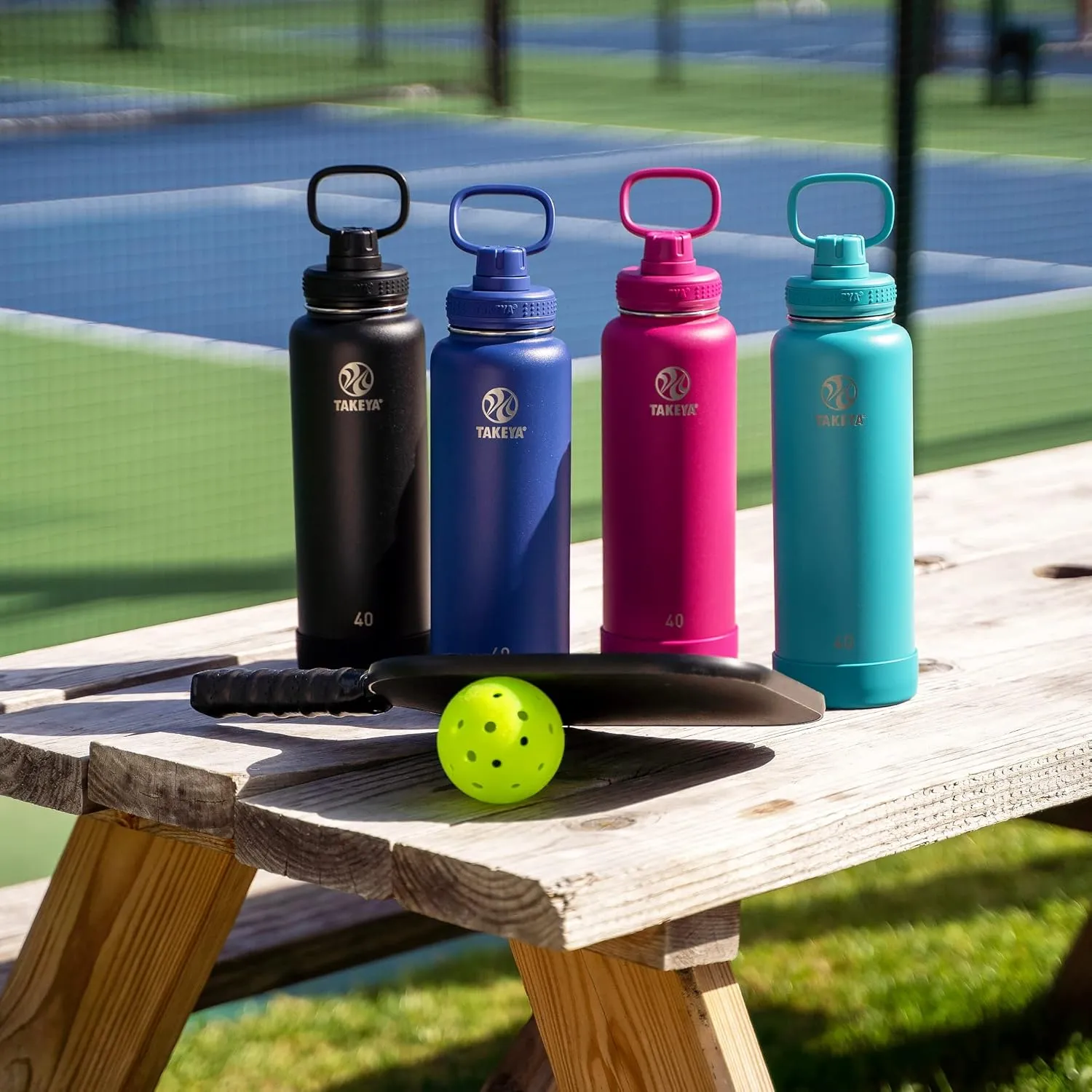 Takeya 40 oz CP Signature Pickleball Stainless Steel Insulated Water Bottle with Choice of Lid, Backspin Pink