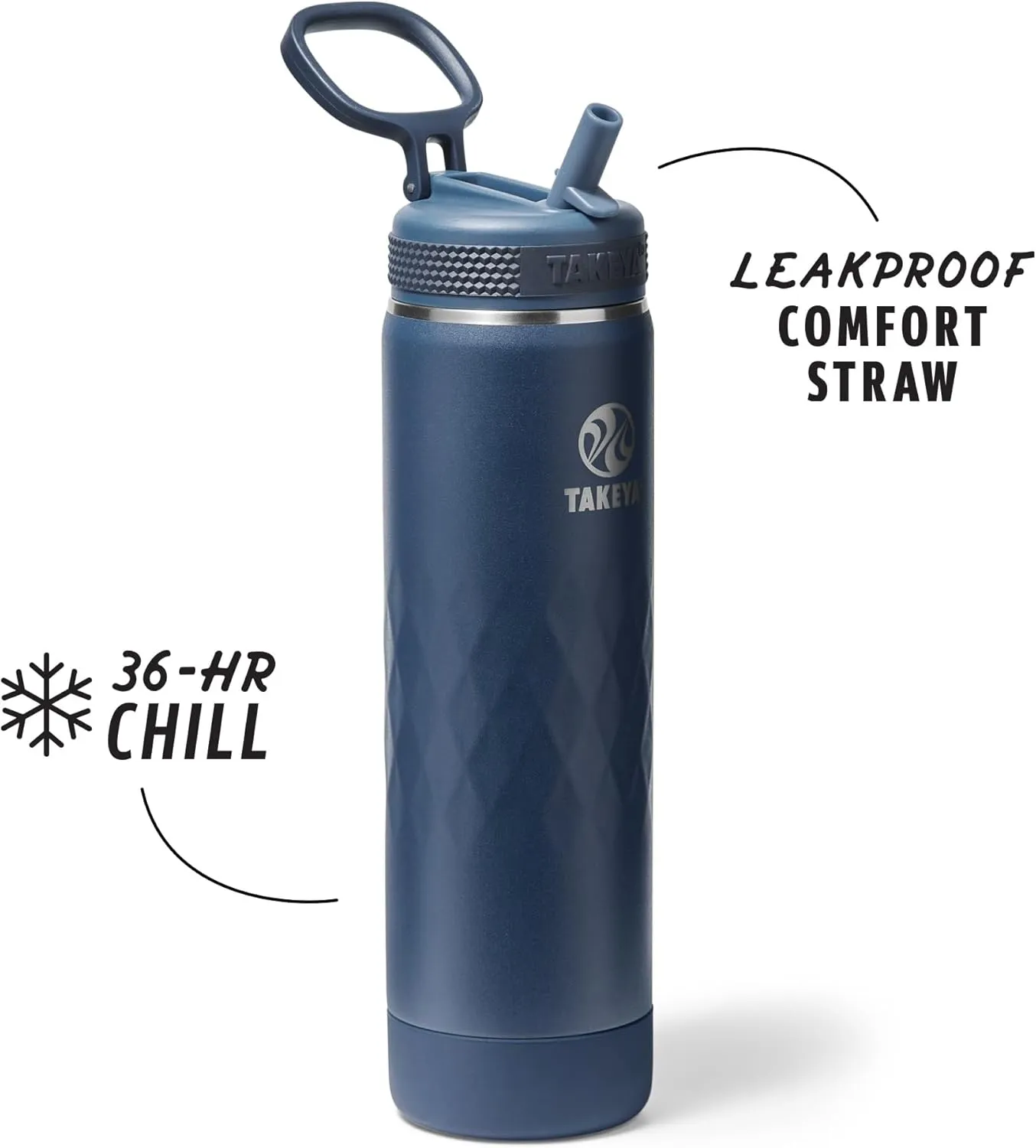 Takeya Sport 22 oz Triple-Insulated Stainless Steel Water Bottle, Straw Lid – Leakproof, Sweatproof, BPA-Free, Keeps Drinks Cold 36 Hrs, Hot 14 Hrs – Indigo