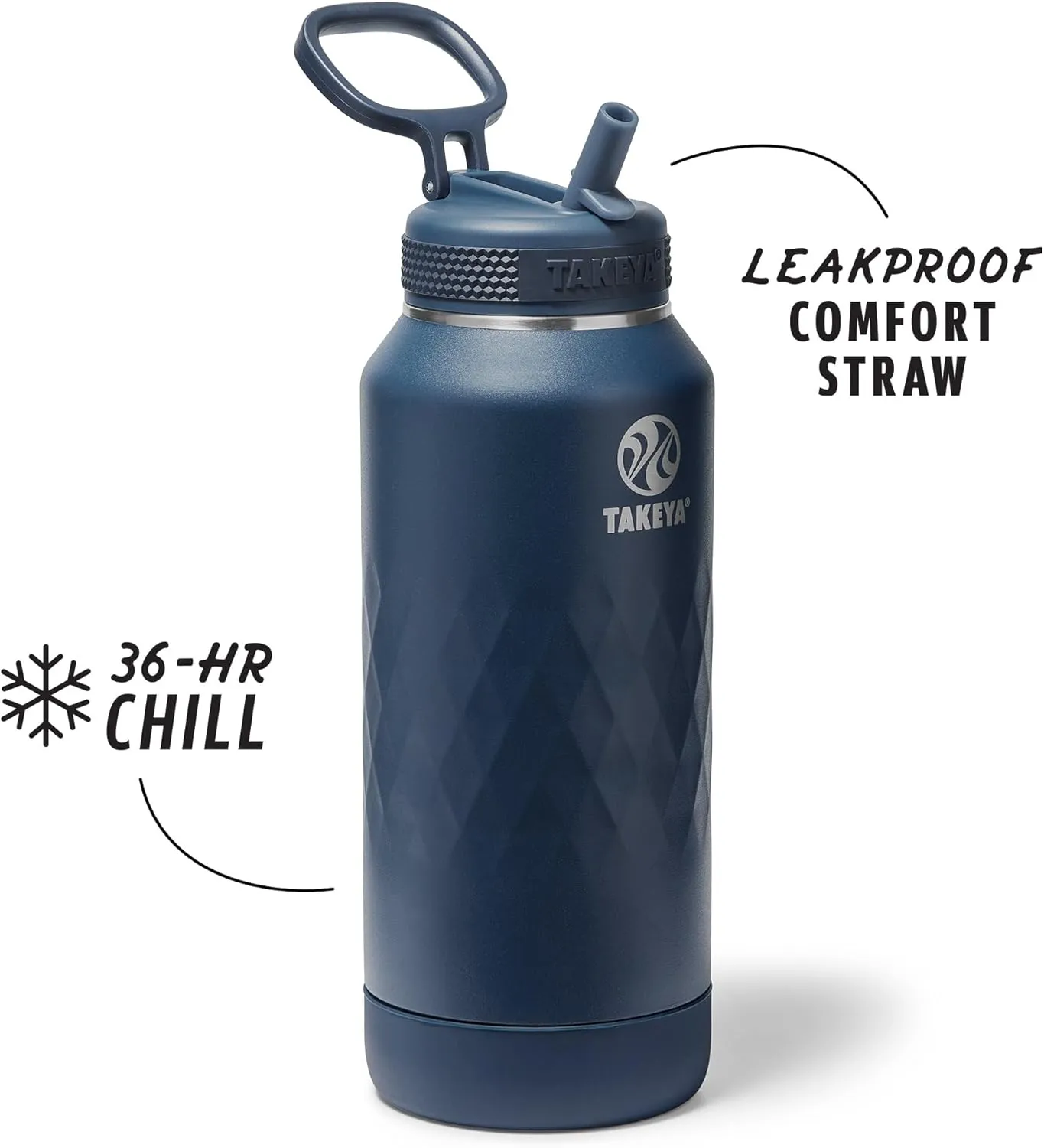 Takeya Sport 32 oz Triple-Insulated Stainless Steel Water Bottle, Straw Lid – Leakproof, Sweatproof, BPA-Free, Keeps Drinks Cold 36 Hrs, Hot 14 Hrs – Indigo
