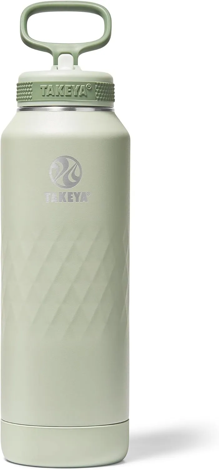 Takeya Sport 40 oz Triple-Insulated Stainless Steel Water Bottle, Straw Lid – Leakproof, Sweatproof, BPA-Free, Keeps Drinks Cold 36 Hrs, Hot 14 Hrs – Eucalyptus