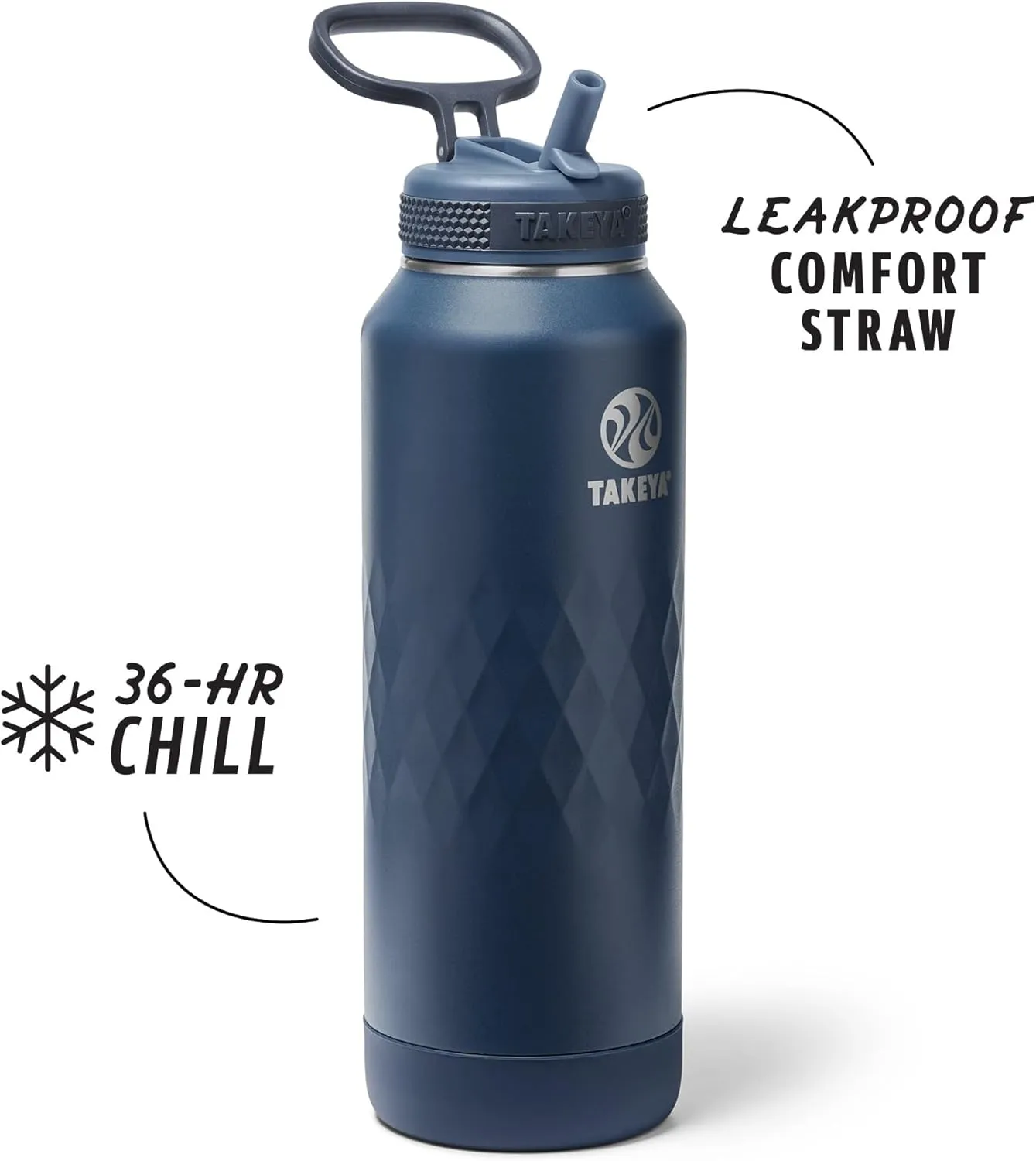 Takeya Sport 40 oz Triple-Insulated Stainless Steel Water Bottle, Straw Lid – Leakproof, Sweatproof, BPA-Free, Keeps Drinks Cold 36 Hrs, Hot 14 Hrs – Indigo