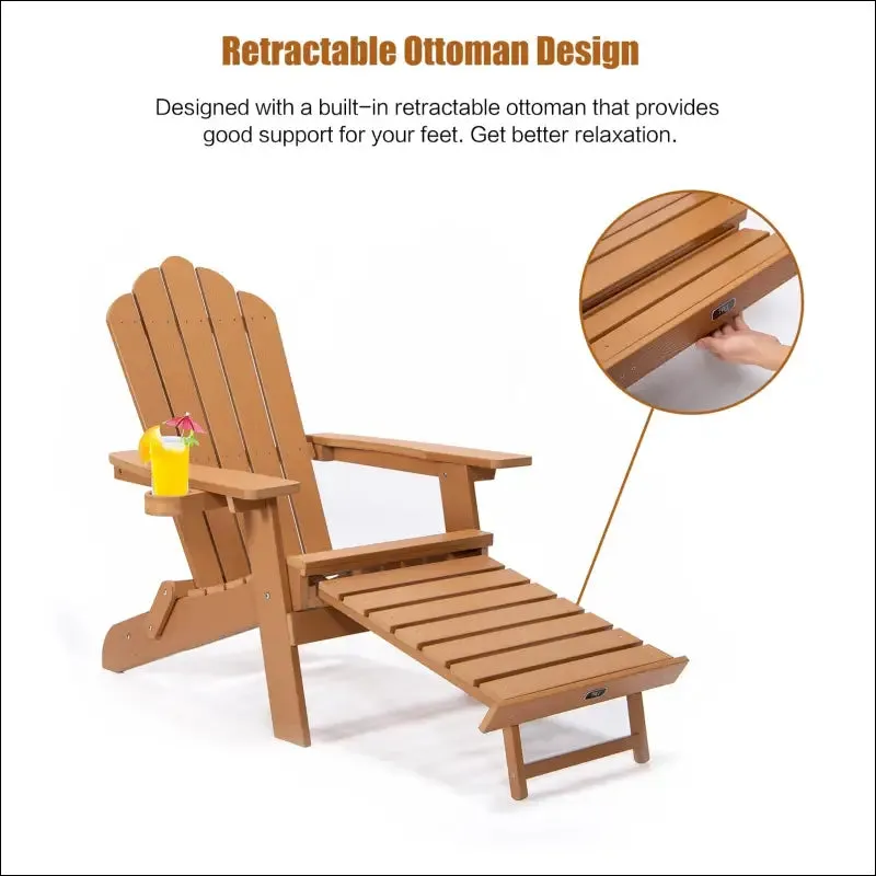 Tale folding adirondack chair with pullout ottoman with cup holder, oaversized, poly lumber,