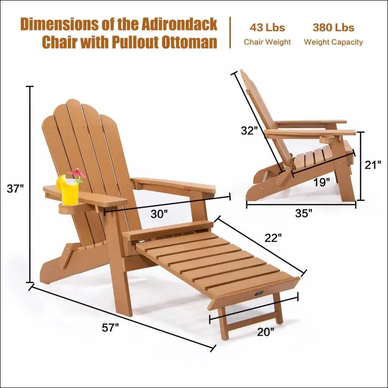 Tale folding adirondack chair with pullout ottoman with cup holder, oaversized, poly lumber,
