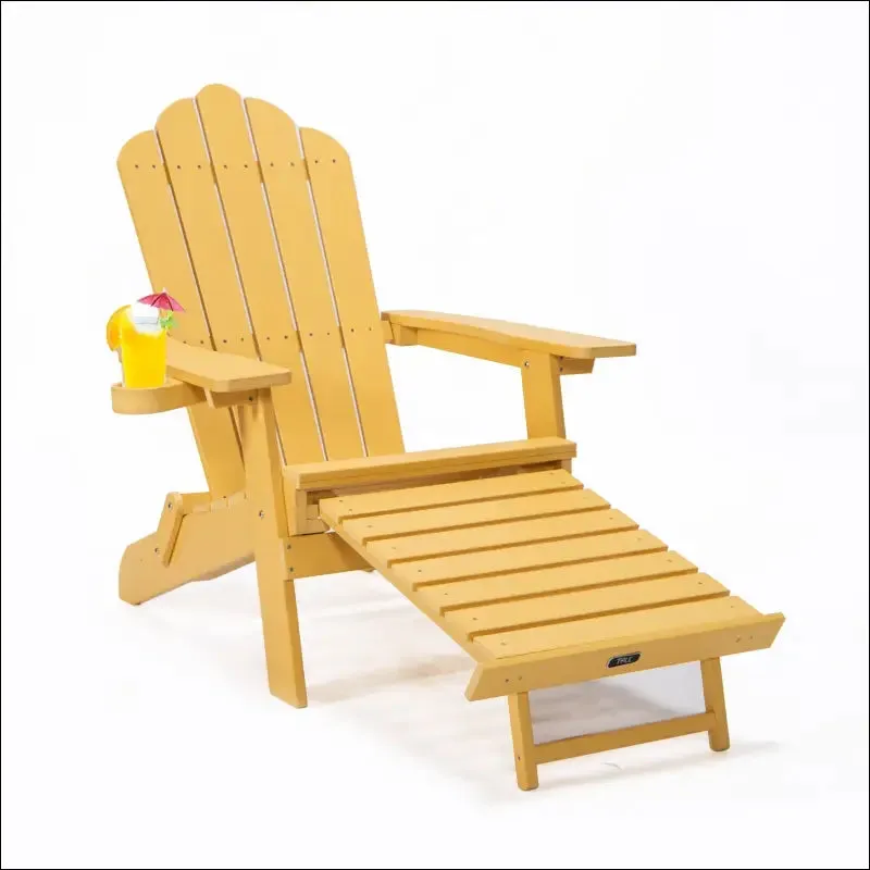 Tale folding adirondack chair with pullout ottoman with cup holder, oaversized, poly lumber,