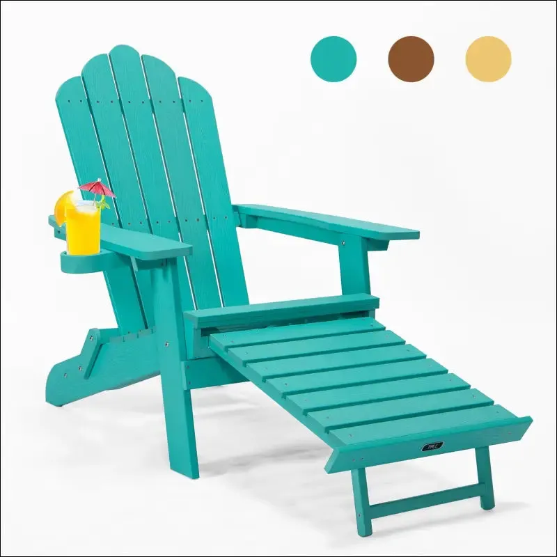 Tale folding adirondack chair with pullout ottoman with cup holder, oaversized, poly lumber,