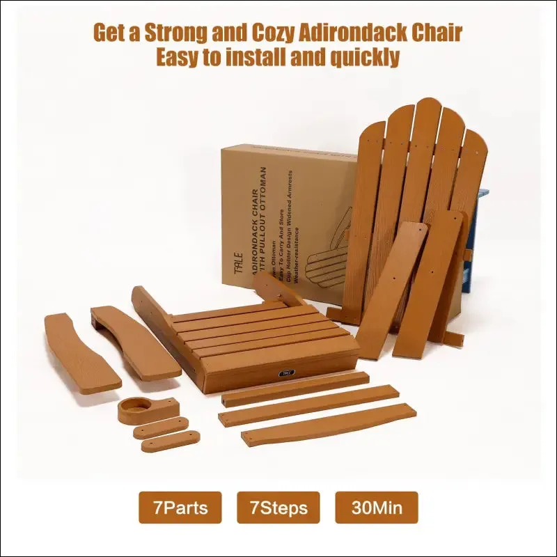 Tale folding adirondack chair with pullout ottoman with cup holder, oaversized, poly lumber,