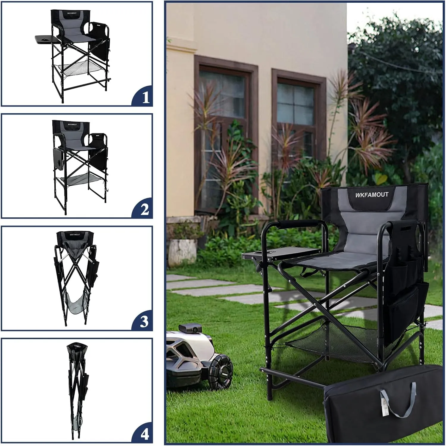 Tall Folding Directors Chair with Side Table 26.77" Seat Height Foldable Camping Chair Bar Stool for Makeup Artist Face Painting with Footrest and Storage Pocket Supports 350LBS