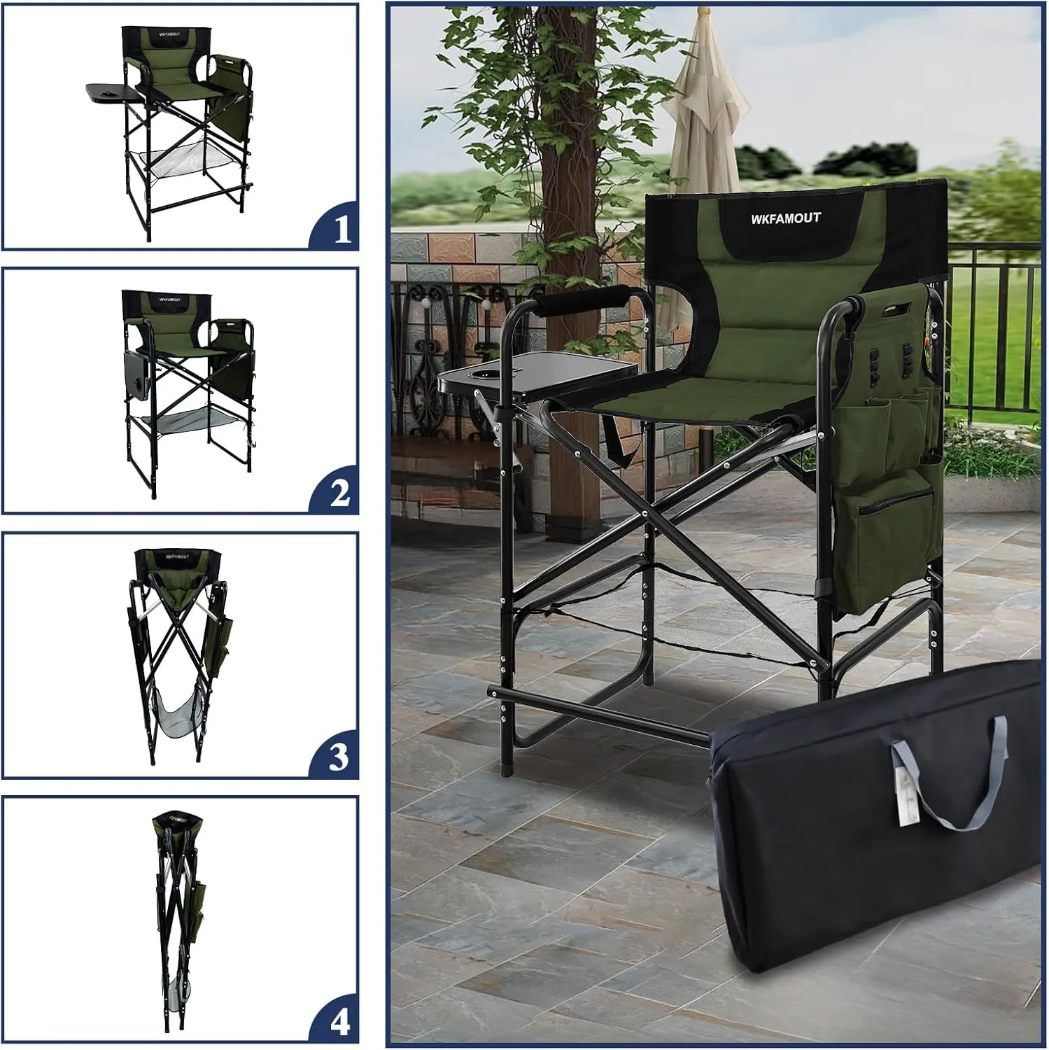 Tall Folding Directors Chair with Side Table 26.77" Seat Height Foldable Camping Chair Bar Stool for Makeup Artist Face Painting with Footrest and Storage Pocket Supports 350LBS