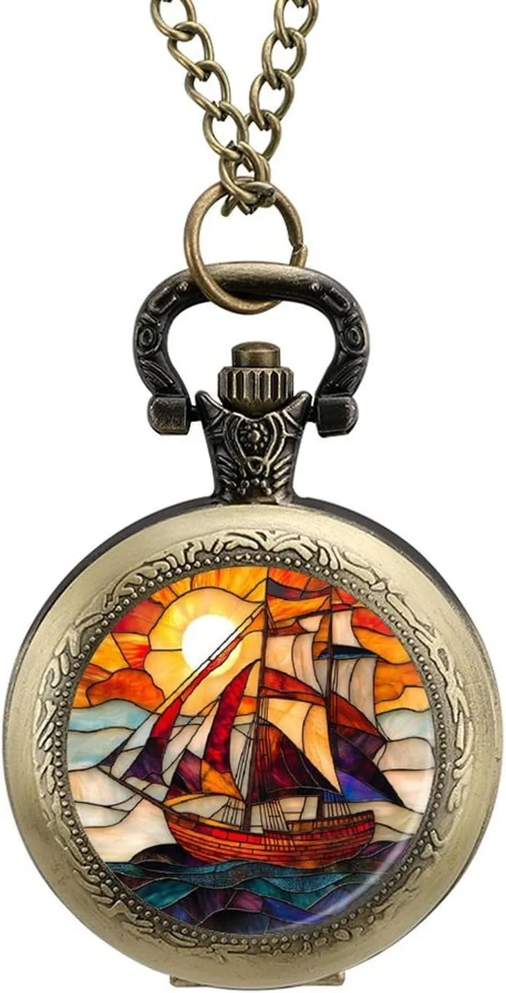 Tall Ship on The Horizon Vintage Quartz Pocket Watch with Chain Numerals Scale for Christmas Graduation Birthday