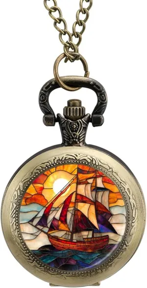 Tall Ship on The Horizon Vintage Quartz Pocket Watch with Chain Numerals Scale for Christmas Graduation Birthday