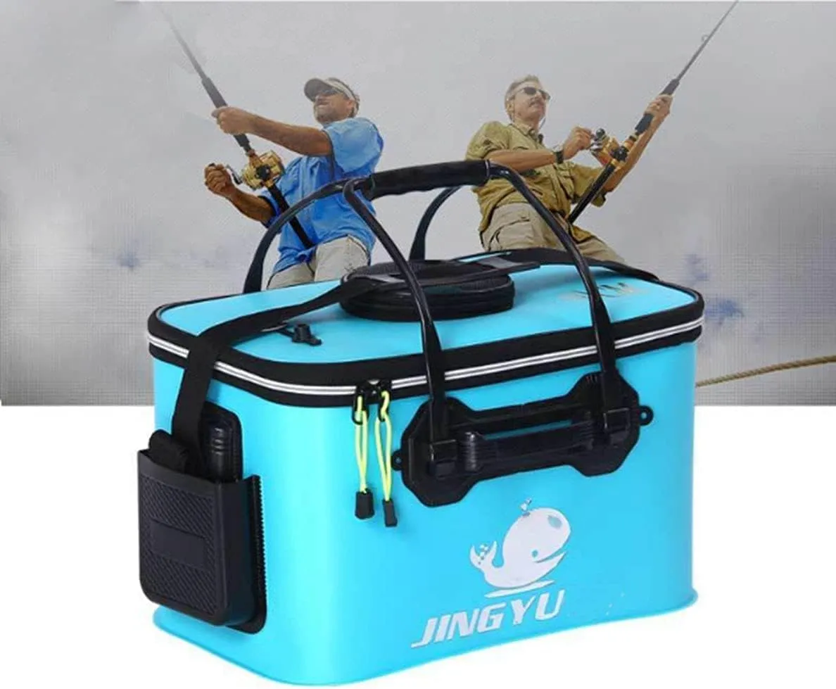 TangDao Foldable Fishing Bucket with Oxygen Pump -Collapsible Water Bucket for Fishing-Multifunctional Portable Fishing Bucket-EVA Fishing Bag (Light Blue, M (40cm*26cm*26CM))