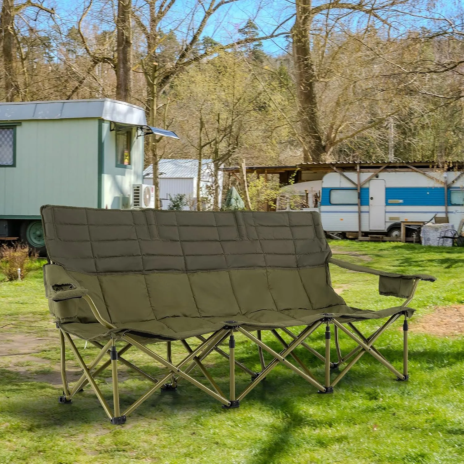 Tangkula 3 Person Oversized Camping Chair, Fully Padded Folding Camp Chair with Adjustable Armrests, Cup Holders, Carrying Bag, Portable Outdoor Lawn Chair for Camping, Support 900LBS