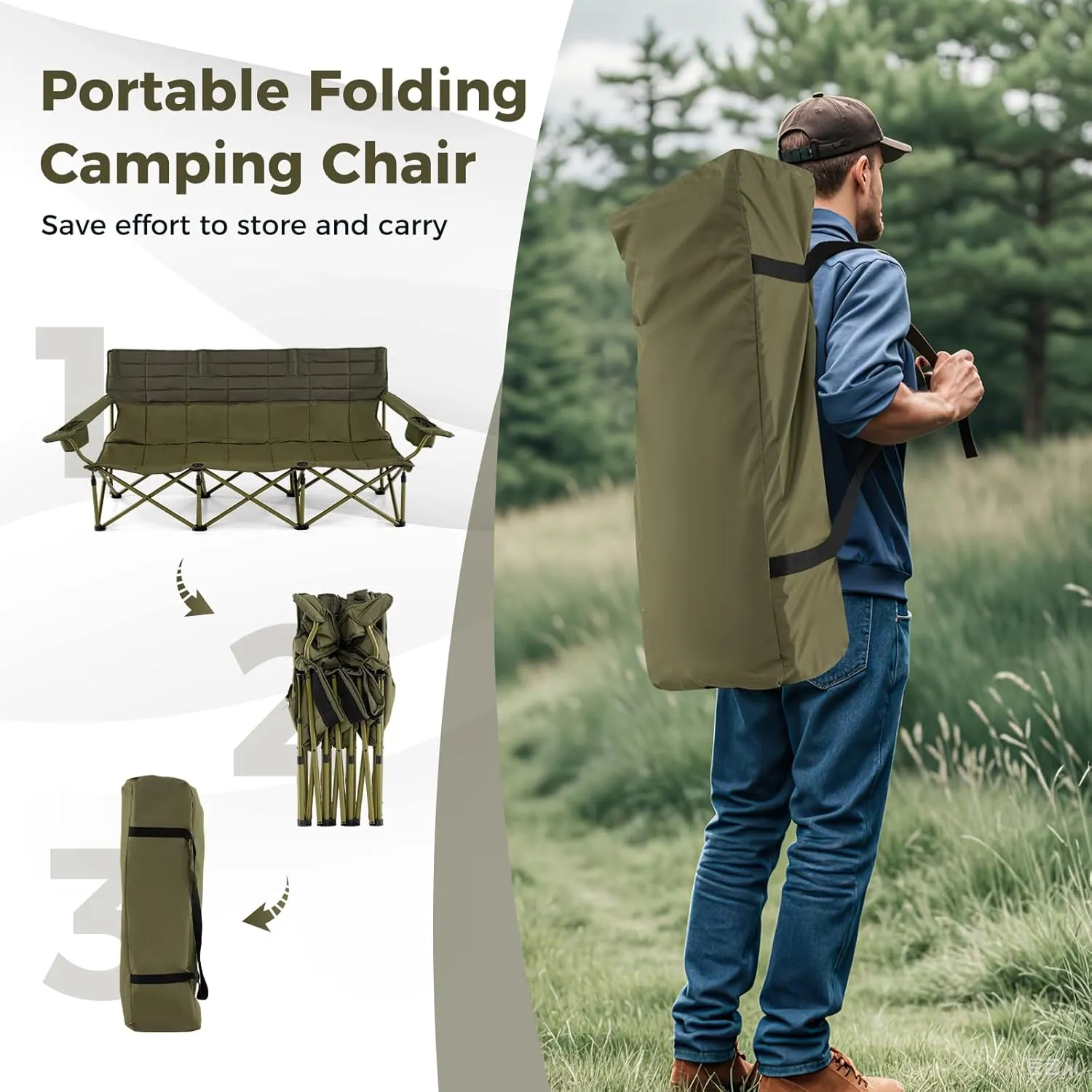 Tangkula 3 Person Oversized Camping Chair, Fully Padded Folding Camp Chair with Adjustable Armrests, Cup Holders, Carrying Bag, Portable Outdoor Lawn Chair for Camping, Support 900LBS
