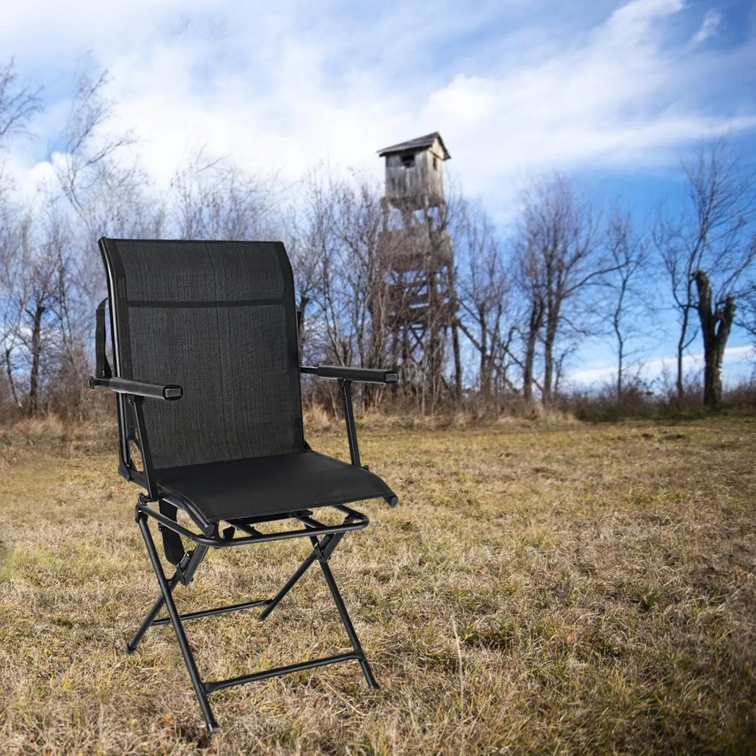 Tangkula 360-Degree Hunting Swivel Chair, Ground Blind Chairs w/Armrest & Mesh Back, Foldable Hunting Chairs w/Non-Slip Foot Pads & Steel Frame, Portable Hunting Seats for Camping, Hunting, Fishing