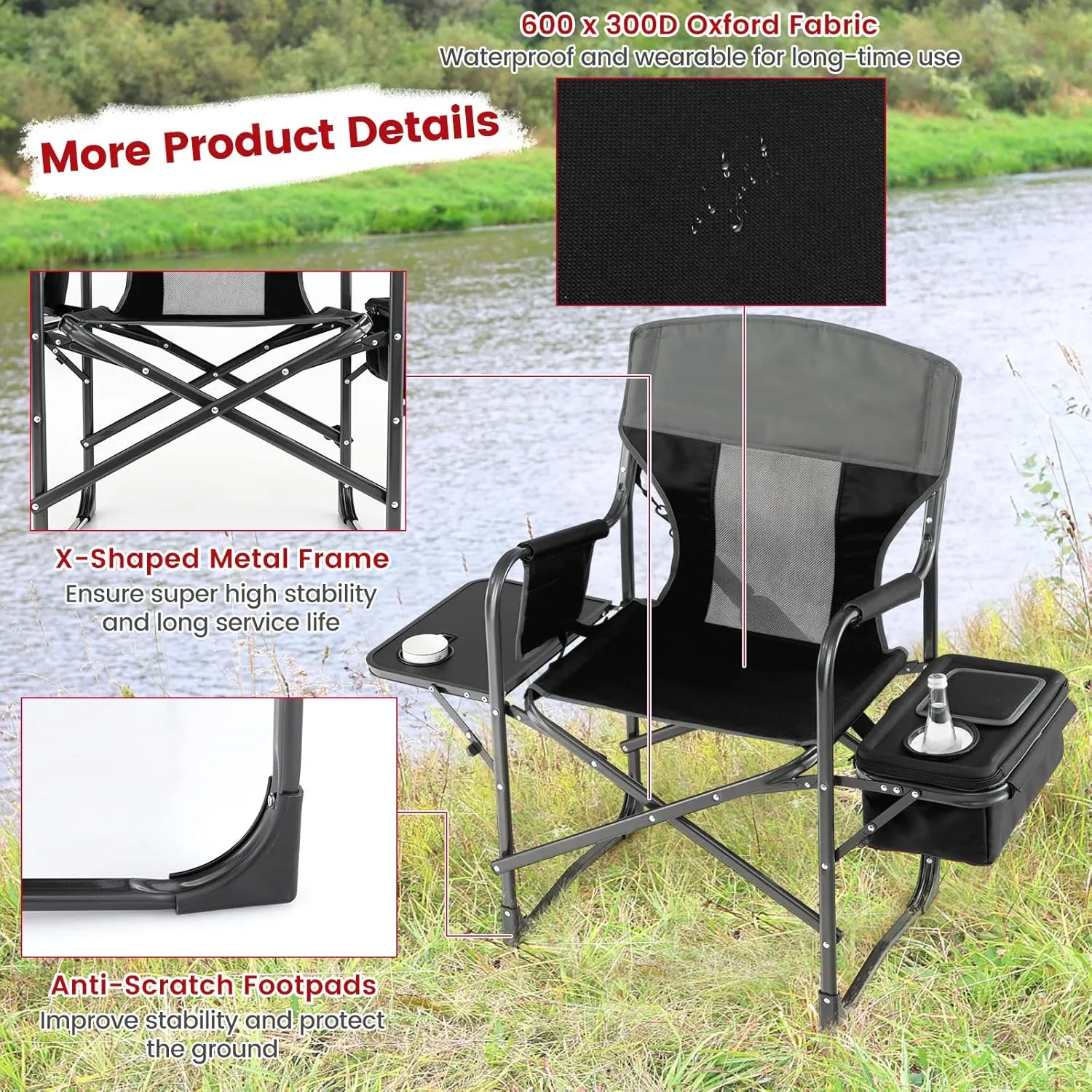 Tangkula Camping Chairs, Folding Camp Chair with Side Table, Cooler Bag, Portable Outside Padded Lawn Chair for Travel, Picnic, Fishing, Heavy Duty Oversized Director Chair for Adults, Supports 400lbs