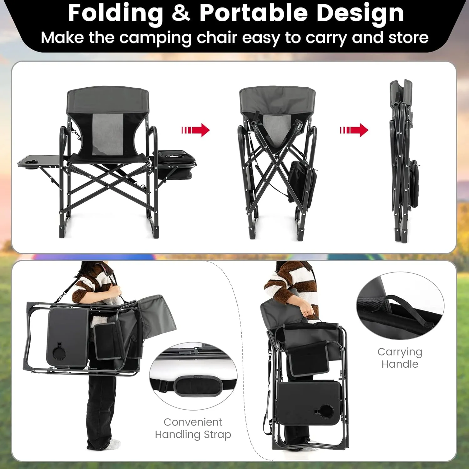 Tangkula Camping Chairs, Folding Camp Chair with Side Table, Cooler Bag, Portable Outside Padded Lawn Chair for Travel, Picnic, Fishing, Heavy Duty Oversized Director Chair for Adults, Supports 400lbs