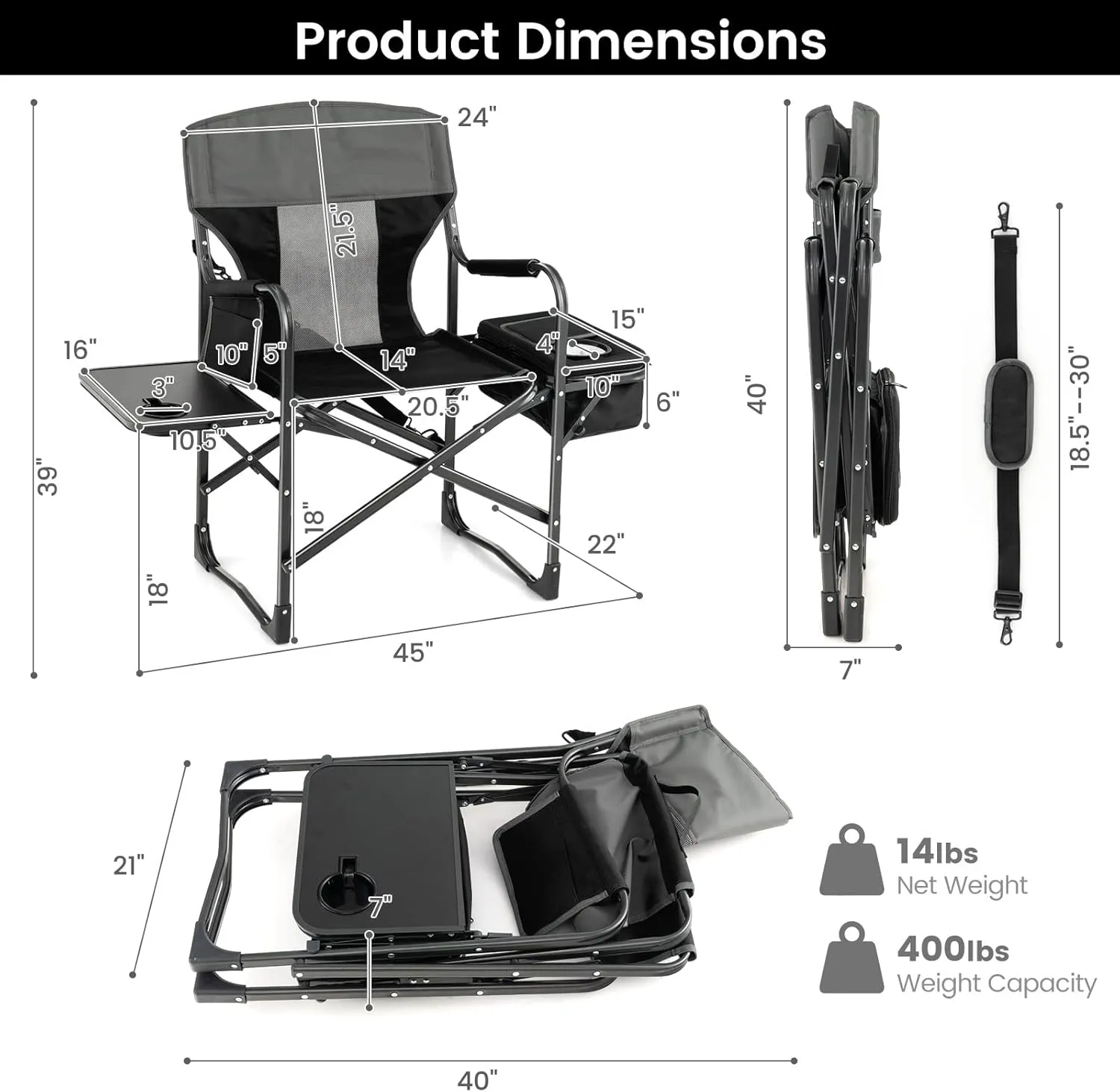 Tangkula Camping Chairs, Folding Camp Chair with Side Table, Cooler Bag, Portable Outside Padded Lawn Chair for Travel, Picnic, Fishing, Heavy Duty Oversized Director Chair for Adults, Supports 400lbs