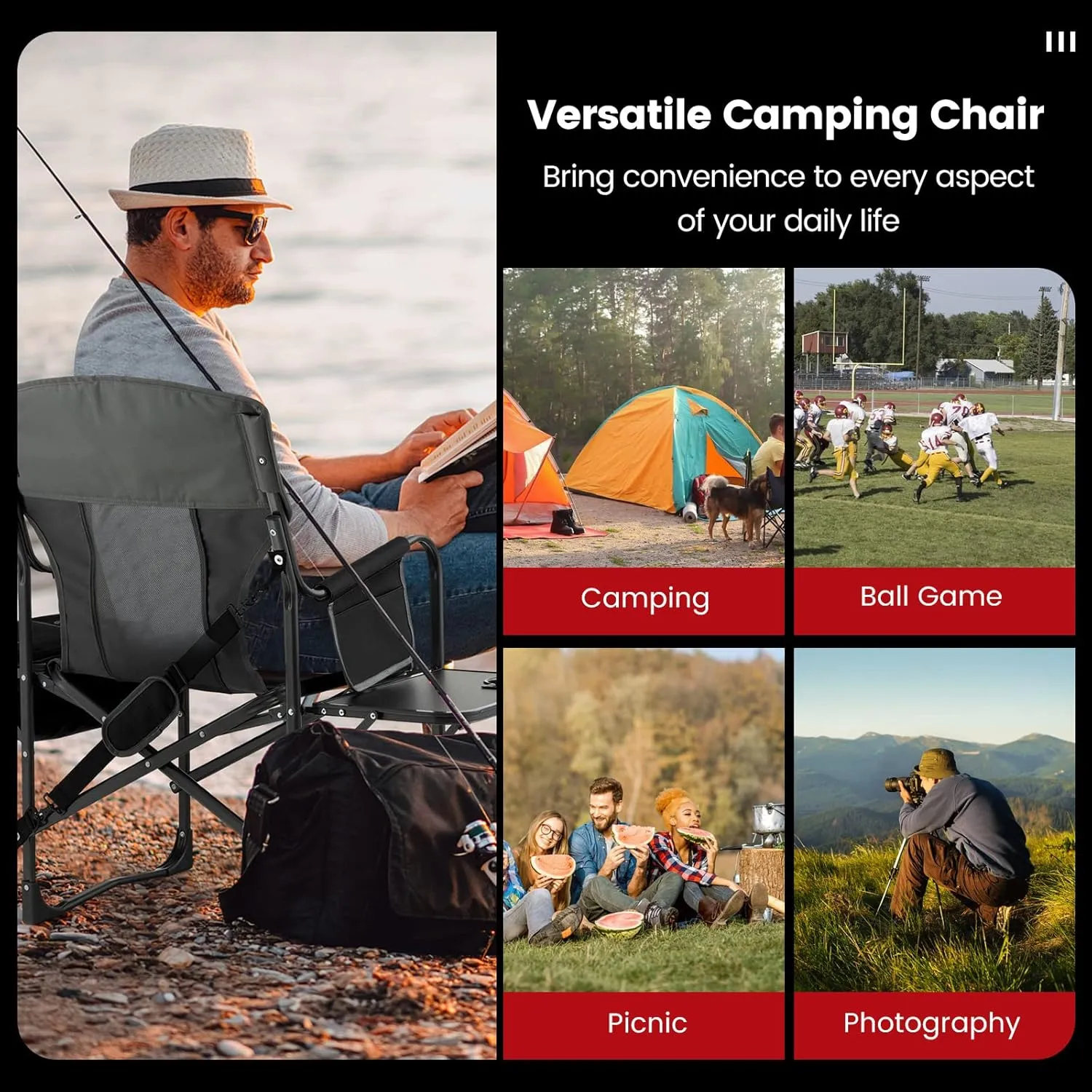 Tangkula Camping Chairs, Folding Camp Chair with Side Table, Cooler Bag, Portable Outside Padded Lawn Chair for Travel, Picnic, Fishing, Heavy Duty Oversized Director Chair for Adults, Supports 400lbs