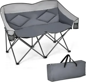 Tangkula Loveseat Camping Chair, Folding Camp Chair with Padded Seat, 2 Storage Pockets, Carrying Bag, Oversized Double Lawn Chair for Fishing Picnic Beach Travel, Supports 500lbs (Gray)