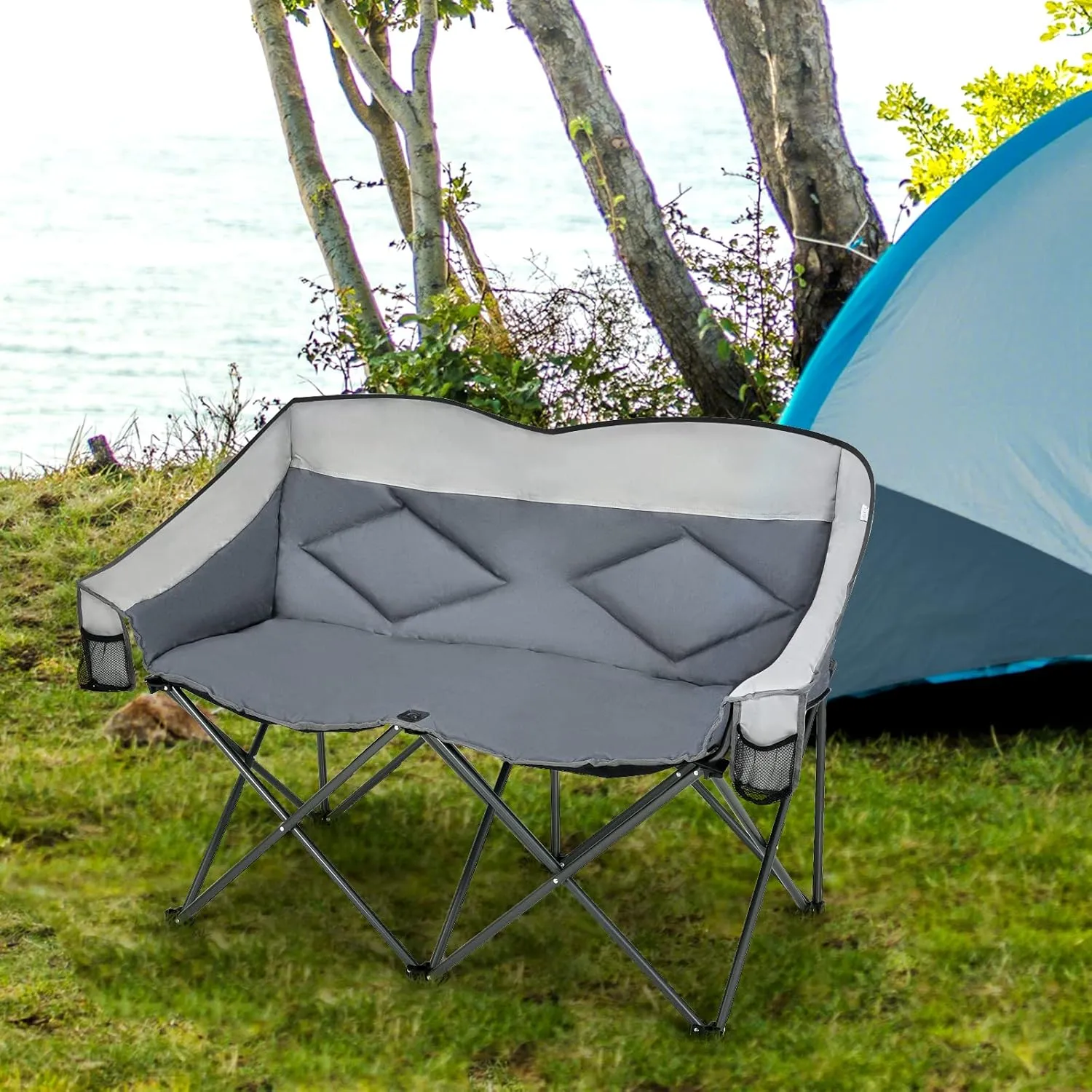 Tangkula Loveseat Camping Chair, Folding Camp Chair with Padded Seat, 2 Storage Pockets, Carrying Bag, Oversized Double Lawn Chair for Fishing Picnic Beach Travel, Supports 500lbs (Gray)