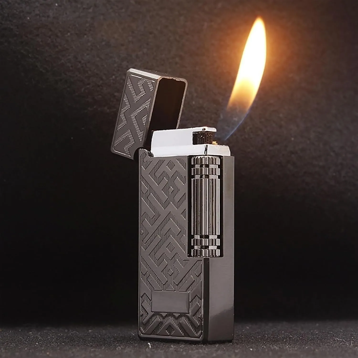 TARVIT Side Slip Flint Lighter Metal Grinding Wheel Lighter Windproof lighters Cigarette Lighter Refillable Butane Lighter Soft Flame Lighters Gift for Men (Color : Black Brushed)