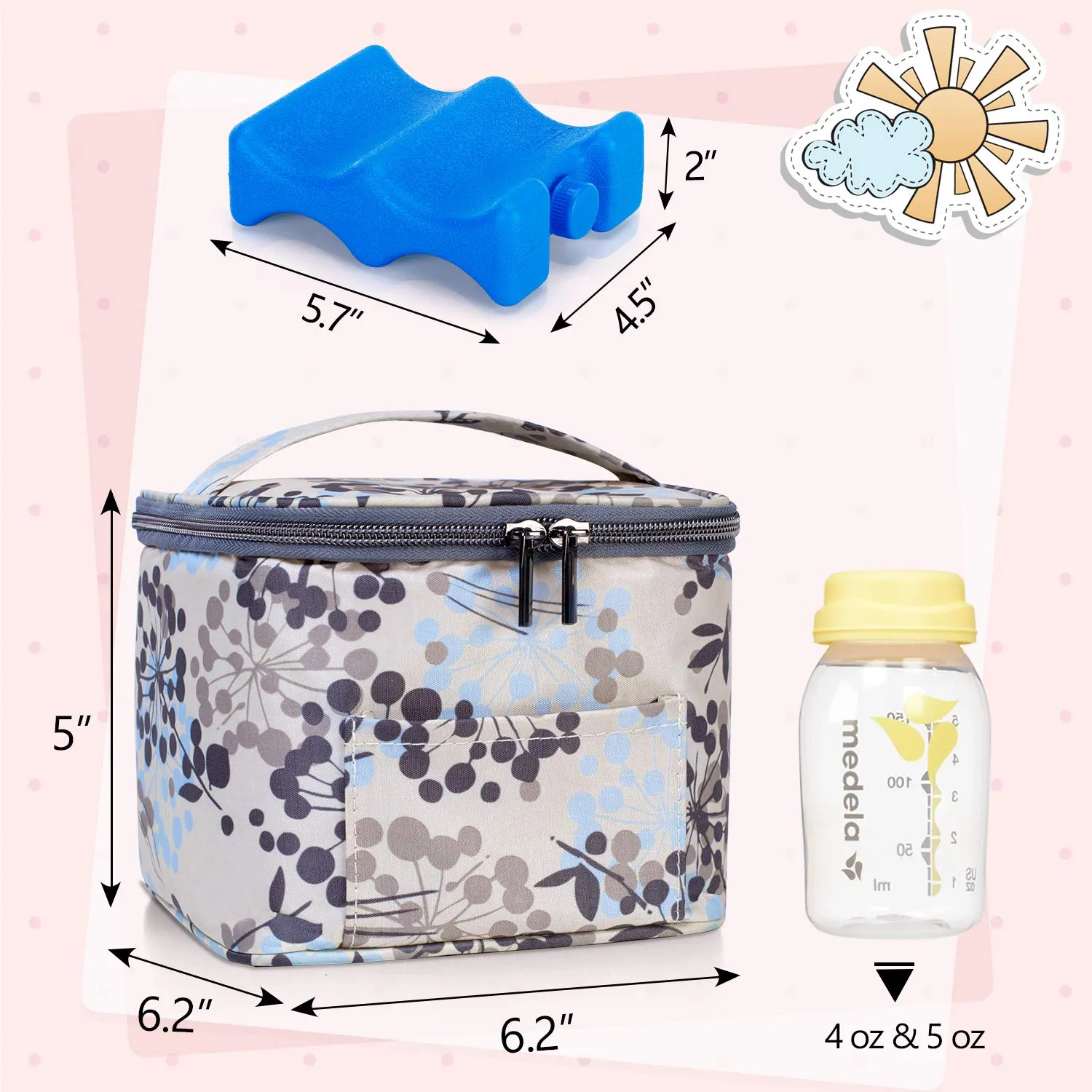 Teamoy Breastmilk Cooler Bag with Ice Pack, Baby Bottles Bag for up to 4 Large 5 Ounce Bottles Without Nipple, Perfect for Working Mom Mother, Dandelion