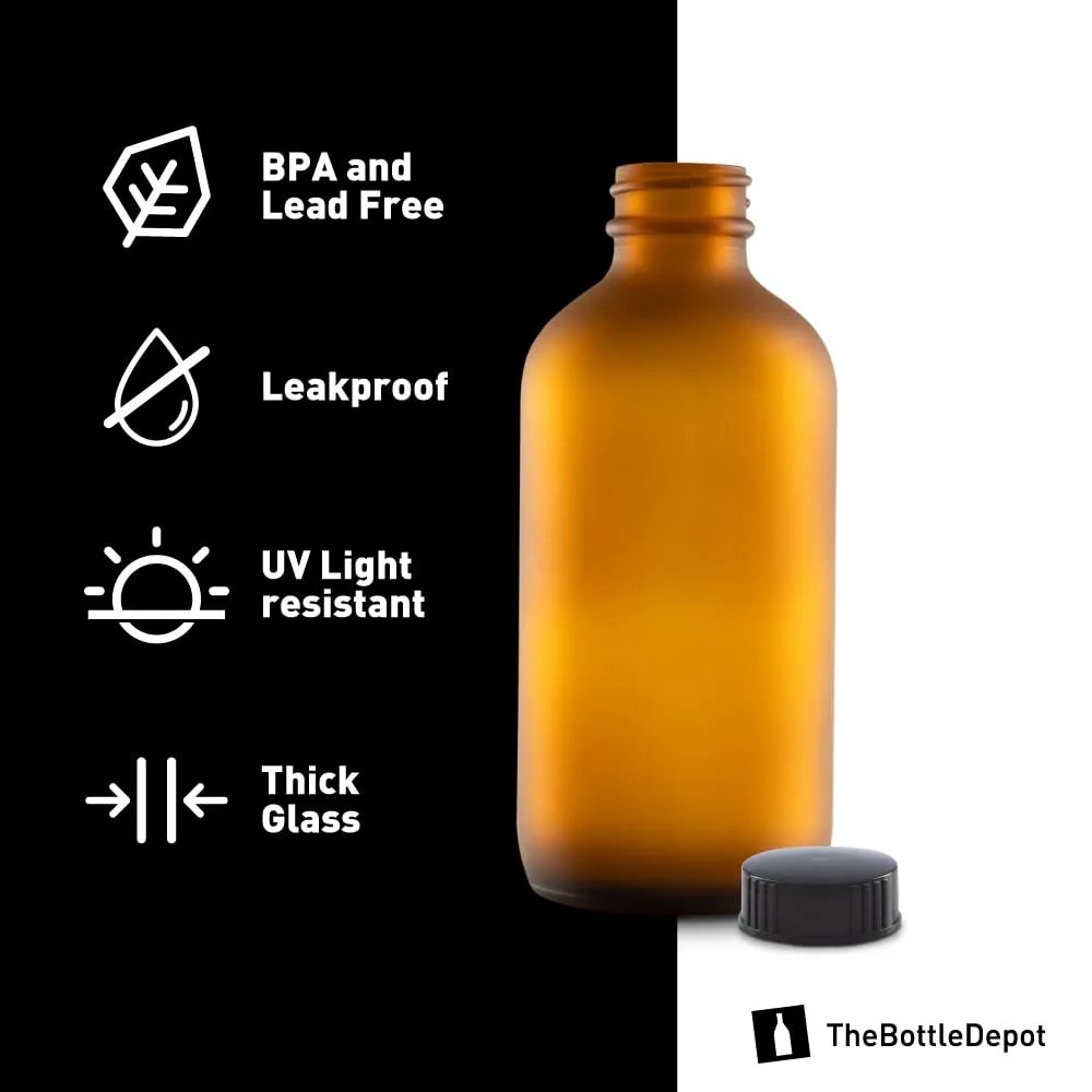 The Bottle Depot - 12 Pack - 8 oz Glass Bottles with Lids - Amber Frosted - 28-400 Neck Finish - Boston Round Bottles - UV Rays Protection