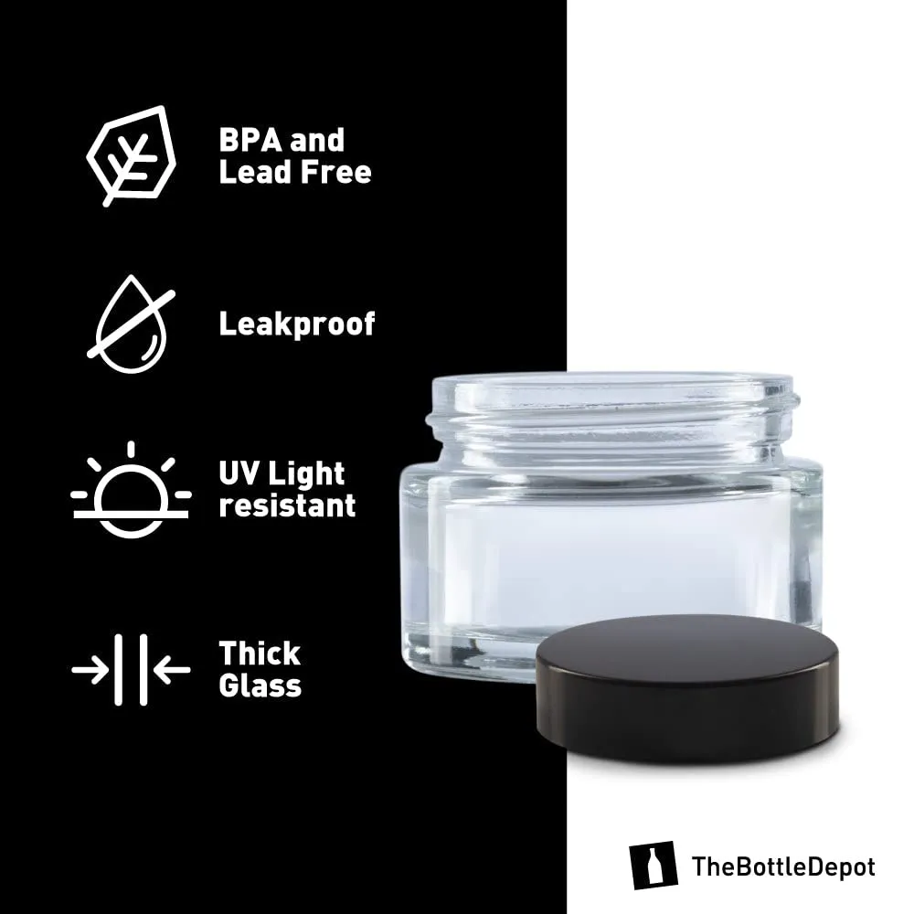 The Bottle Depot - 24 Pack - 1 oz Glass Jars with Black Lids - Clear - 48-400 Neck Finish - UV Rays Protection