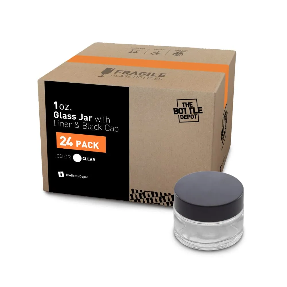 The Bottle Depot - 24 Pack - 1 oz Glass Jars with Black Lids - Clear - 48-400 Neck Finish - UV Rays Protection