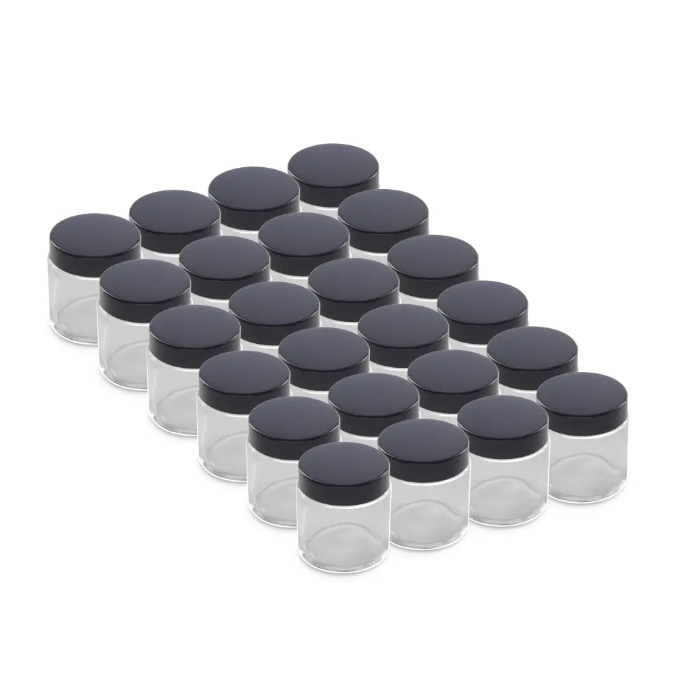 The Bottle Depot - 24 Pack - 4 oz Glass Jars with Black Lids - Clear - 58-400 Neck Finish - UV Rays Protection