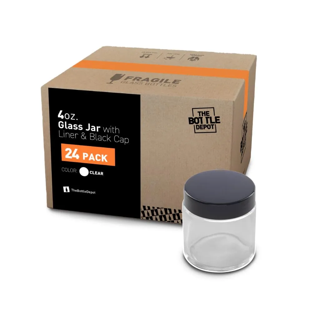 The Bottle Depot - 24 Pack - 4 oz Glass Jars with Black Lids - Clear - 58-400 Neck Finish - UV Rays Protection