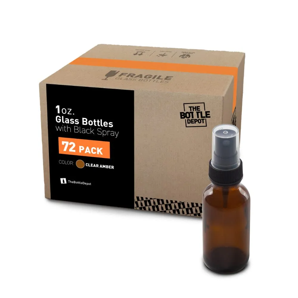 The Bottle Depot - 72 Pack - 1 oz Glass Spray Bottle - Clear Amber - 20-400 Neck Finish - Boston Round Bottles - UV Rays Protection