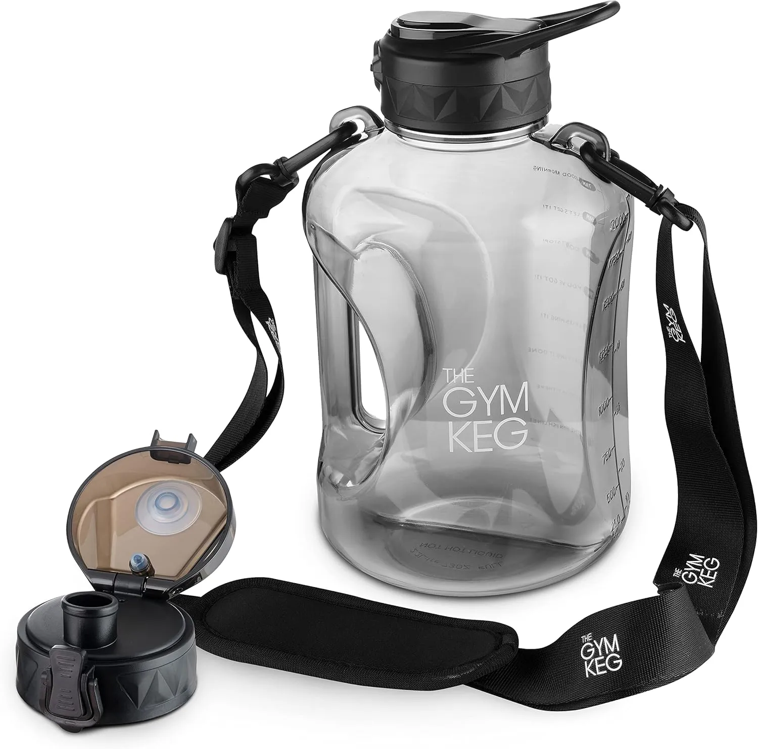 THE GYM KEG 74oz Half Gallon Water Bottle | Gym Bottle with Straw Lid, Carry Strap & Motivational Time Markings