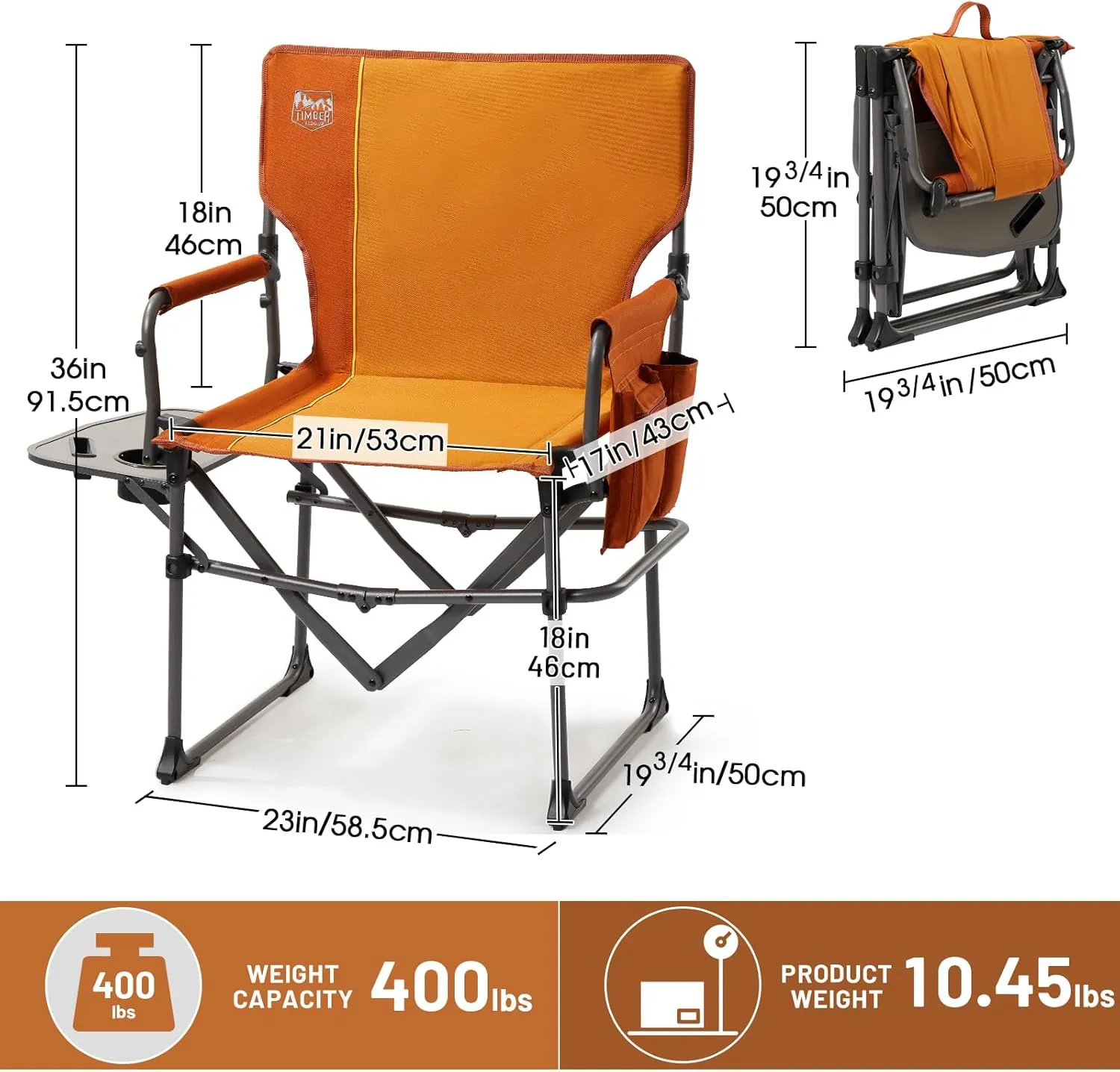TIMBER RIDGE Aluminum Camping Directors Chair with Side Table Pocket, Portable Folding Chair, Heavy Duty Lawn Chair for Fishing Trip Picnic Concert Outdoor 400lbs, Orange