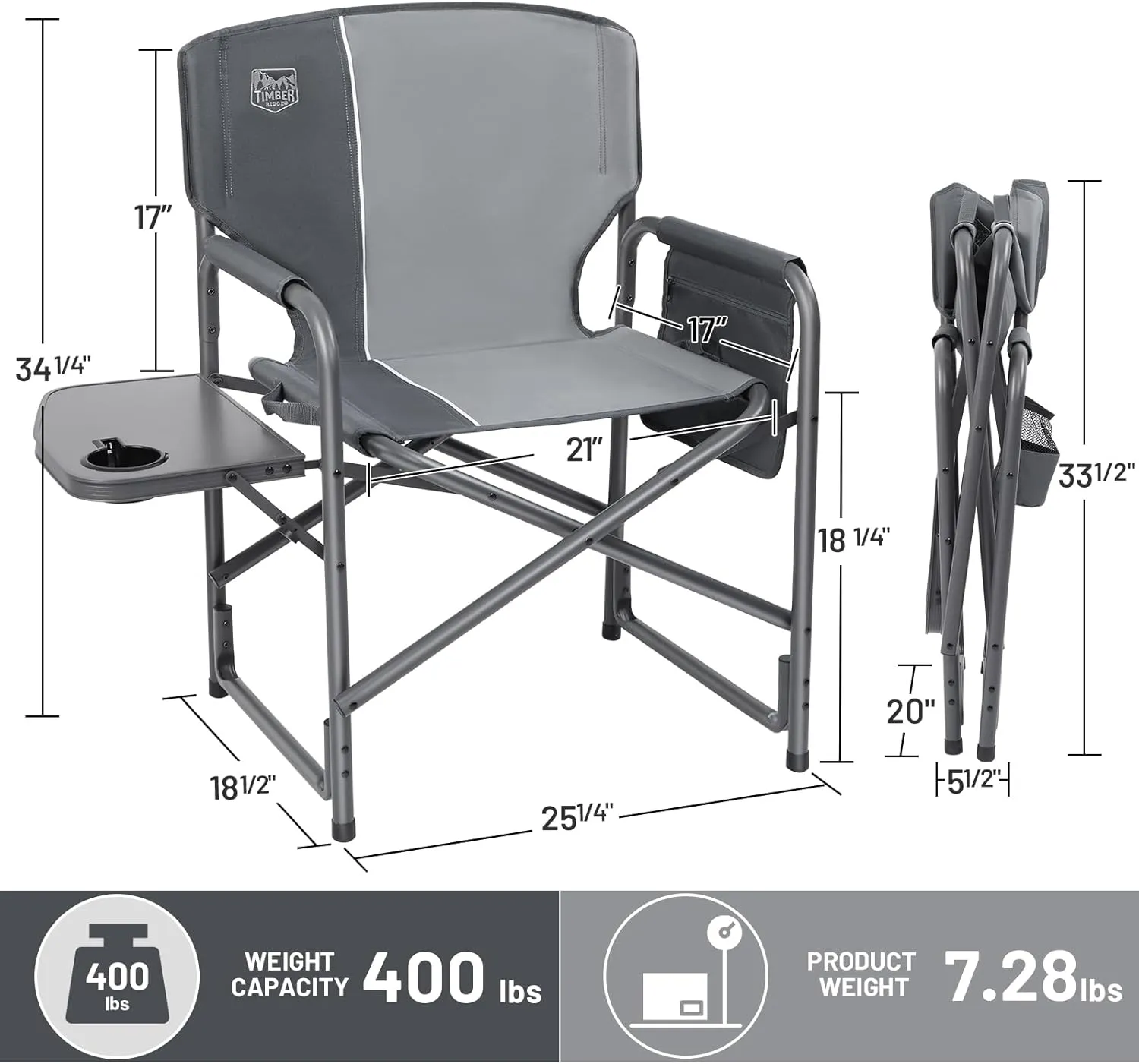 TIMBER RIDGE Aluminum Oversized Camping Chair, Lightweight Portable Directors Chair with Side Table Detachable Side Pocket for Outdoor Camping, Lawn, Picnic, Support 400lbs Grey 2 Pack