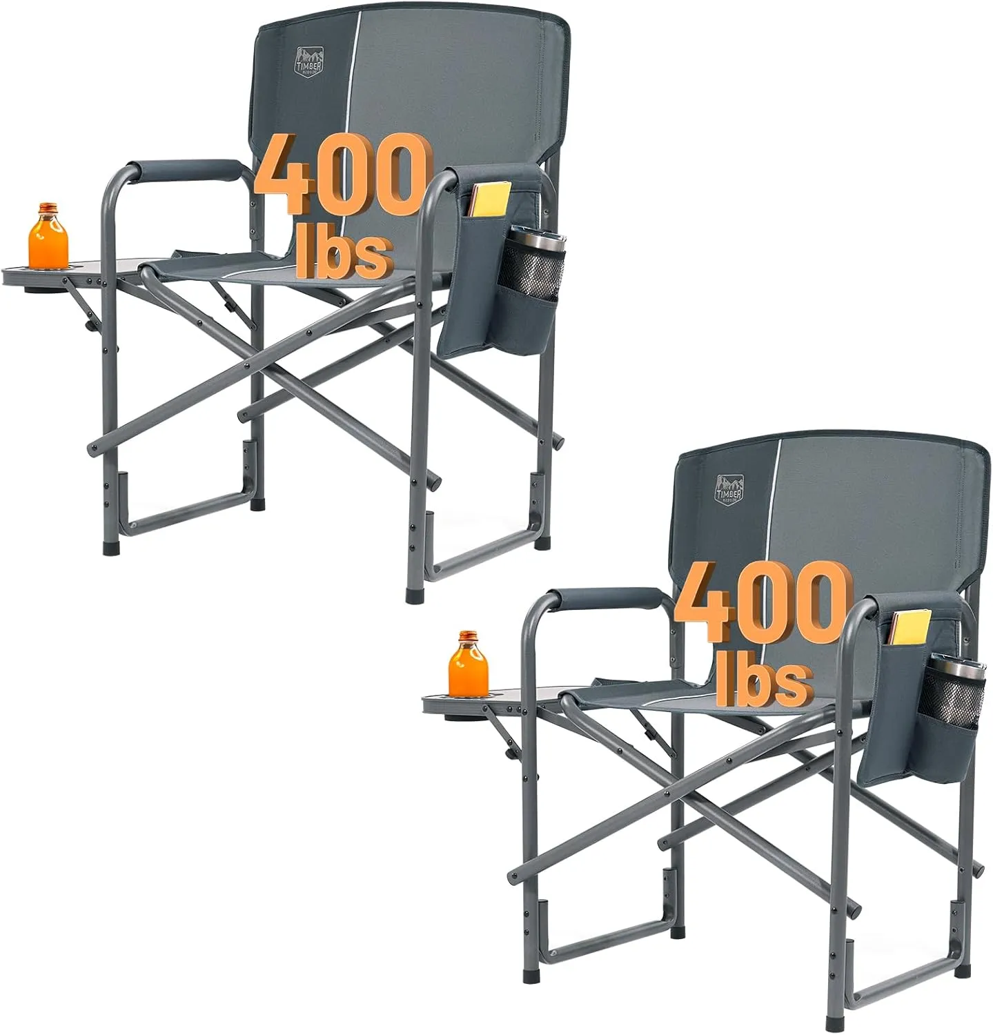 TIMBER RIDGE Aluminum Oversized Camping Chair, Lightweight Portable Directors Chair with Side Table Detachable Side Pocket for Outdoor Camping, Lawn, Picnic, Support 400lbs Grey 2 Pack