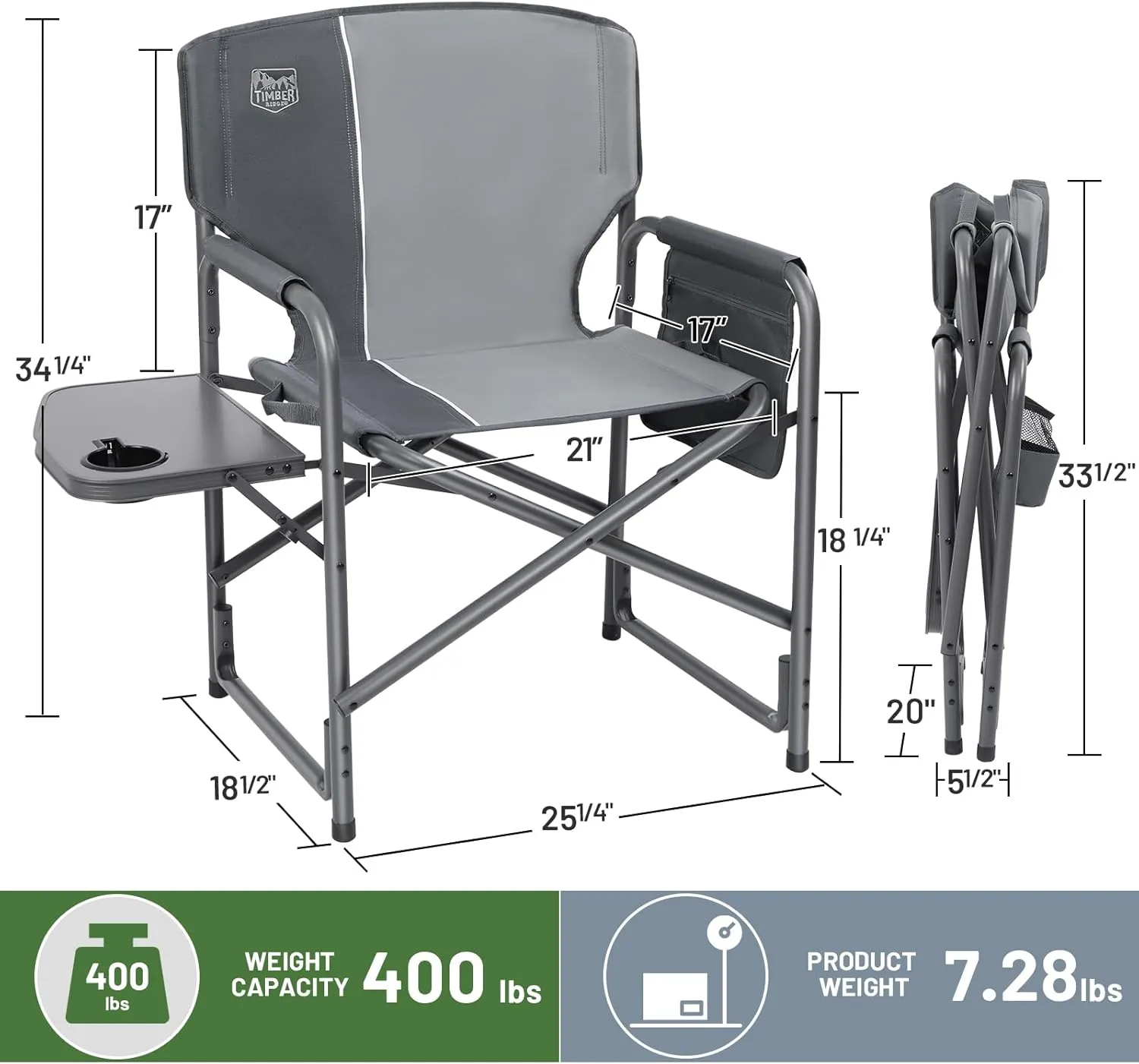 TIMBER RIDGE Aluminum Oversized Camping Chair, Lightweight Portable Directors Chair with Side Table Detachable Side Pocket for Outdoor Camping, Lawn, Picnic, Support 400lbs Grey