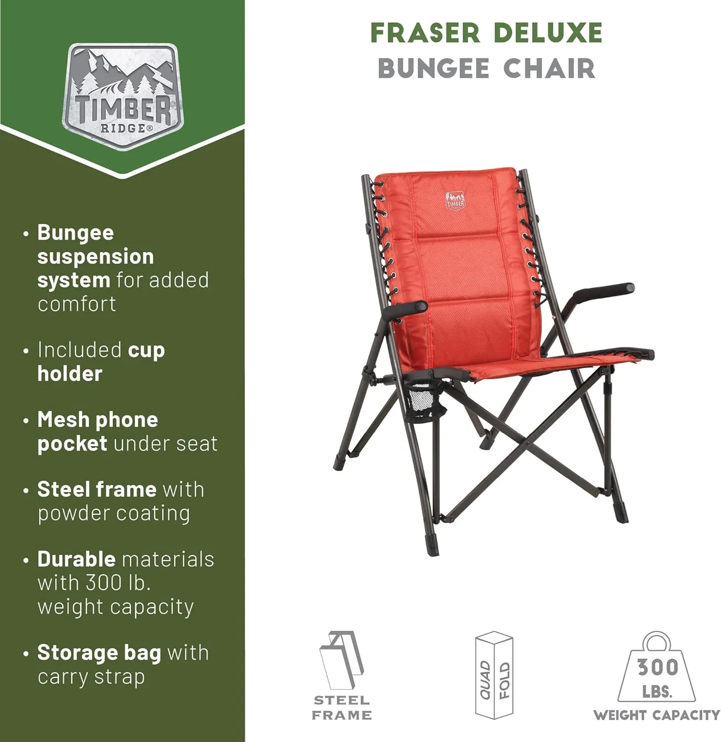 TIMBER RIDGE Bungee Folding Camping Chairs for Adults, Heavy Duty Collapsible Padded Chair with Armrests Cup Holder, Foldable Outdoor Lounge Chairs for Beach, Fishing, Lawn, Supports 300 lbs, Red