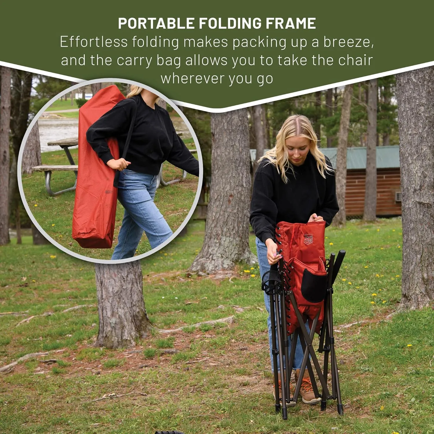 TIMBER RIDGE Bungee Folding Camping Chairs for Adults, Heavy Duty Collapsible Padded Chair with Armrests Cup Holder, Foldable Outdoor Lounge Chairs for Beach, Fishing, Lawn, Supports 300 lbs, Red