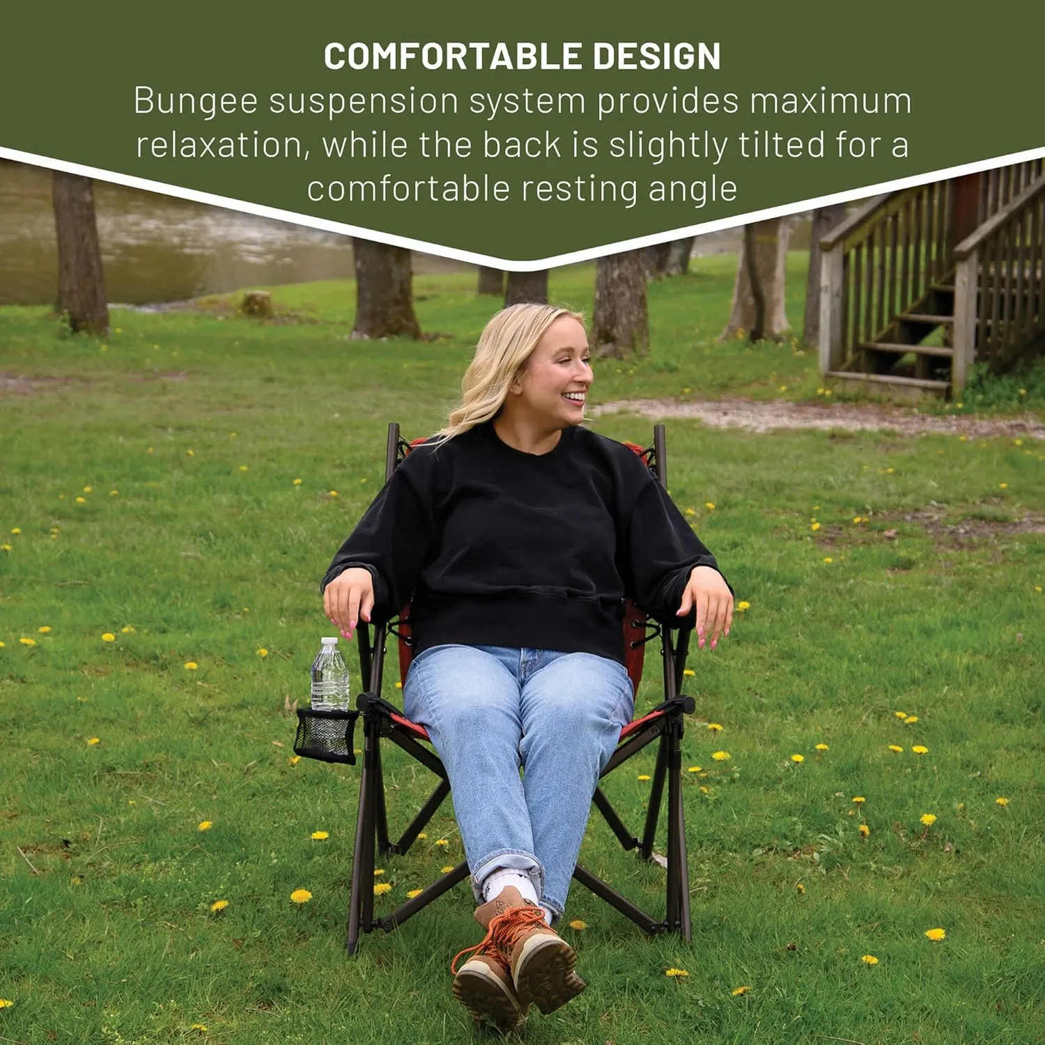 TIMBER RIDGE Bungee Folding Camping Chairs for Adults, Heavy Duty Collapsible Padded Chair with Armrests Cup Holder, Foldable Outdoor Lounge Chairs for Beach, Fishing, Lawn, Supports 300 lbs, Red