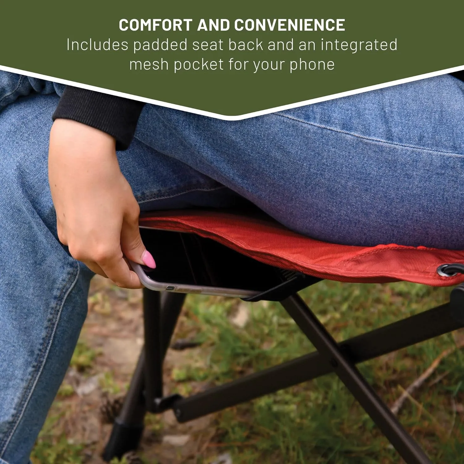 TIMBER RIDGE Bungee Folding Camping Chairs for Adults, Heavy Duty Collapsible Padded Chair with Armrests Cup Holder, Foldable Outdoor Lounge Chairs for Beach, Fishing, Lawn, Supports 300 lbs, Red