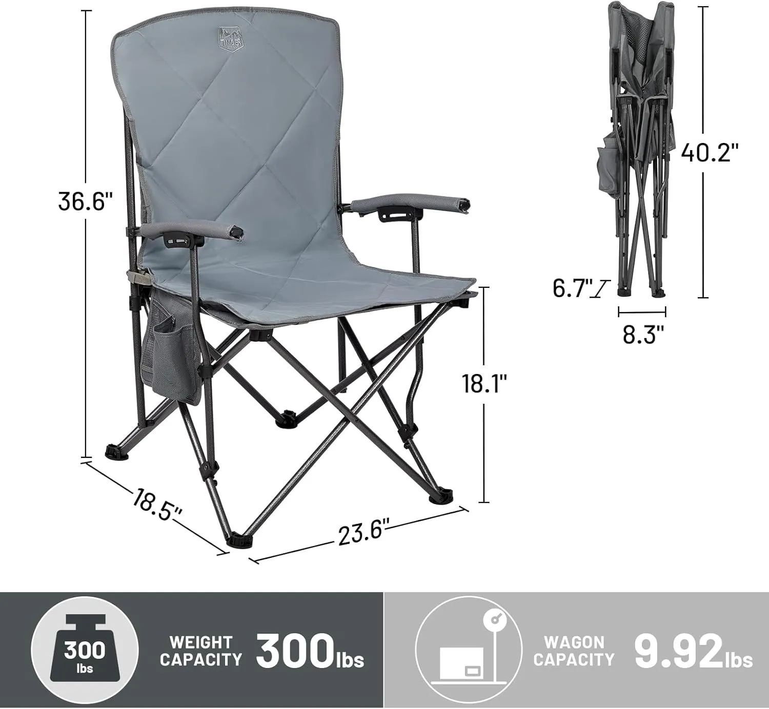 TIMBER RIDGE Folding Camping Chair, Removable Seat Padded Lawn Chairs Foldable Outdoor Camp Chair for Adults, Supports Up to 300 LBS, Grey