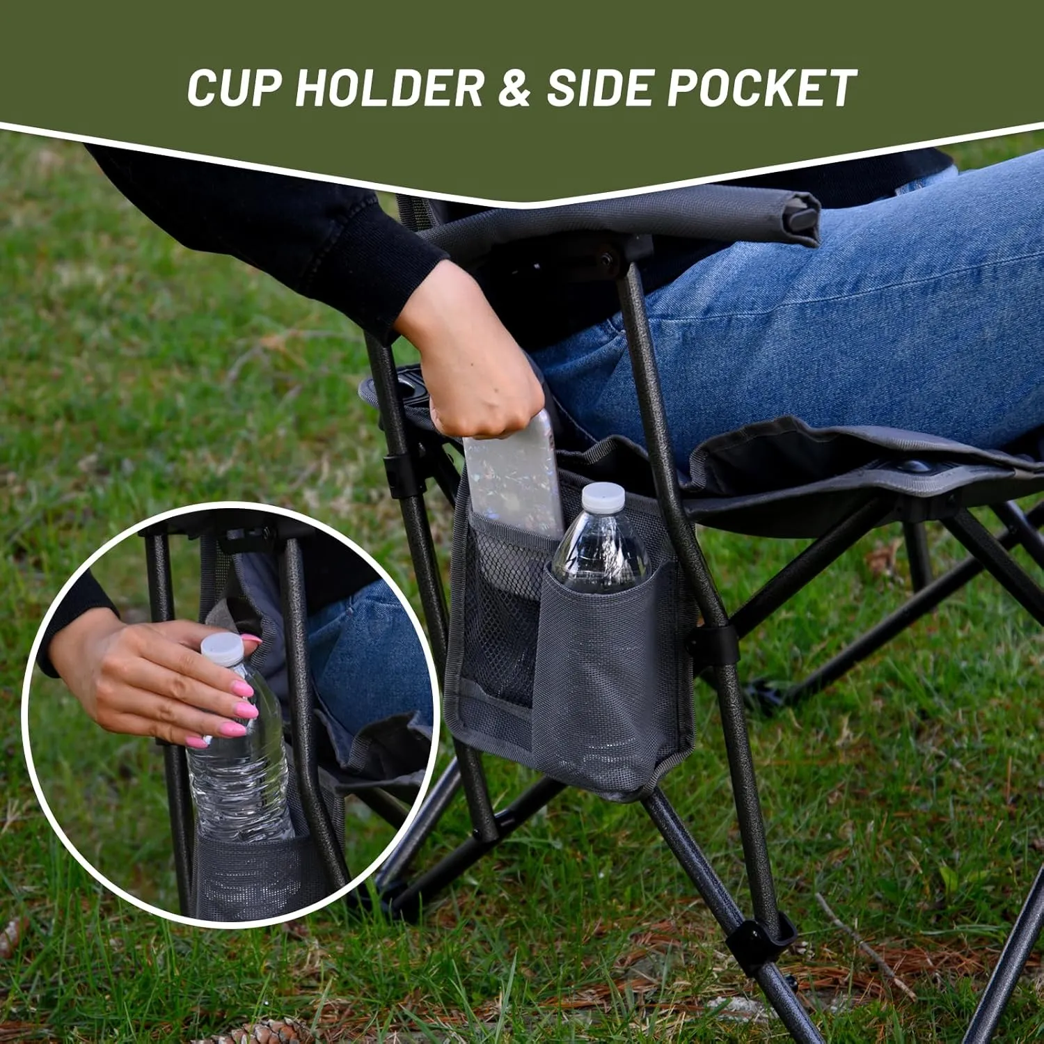 TIMBER RIDGE Folding Camping Chair, Removable Seat Padded Lawn Chairs Foldable Outdoor Camp Chair for Adults, Supports Up to 300 LBS, Grey